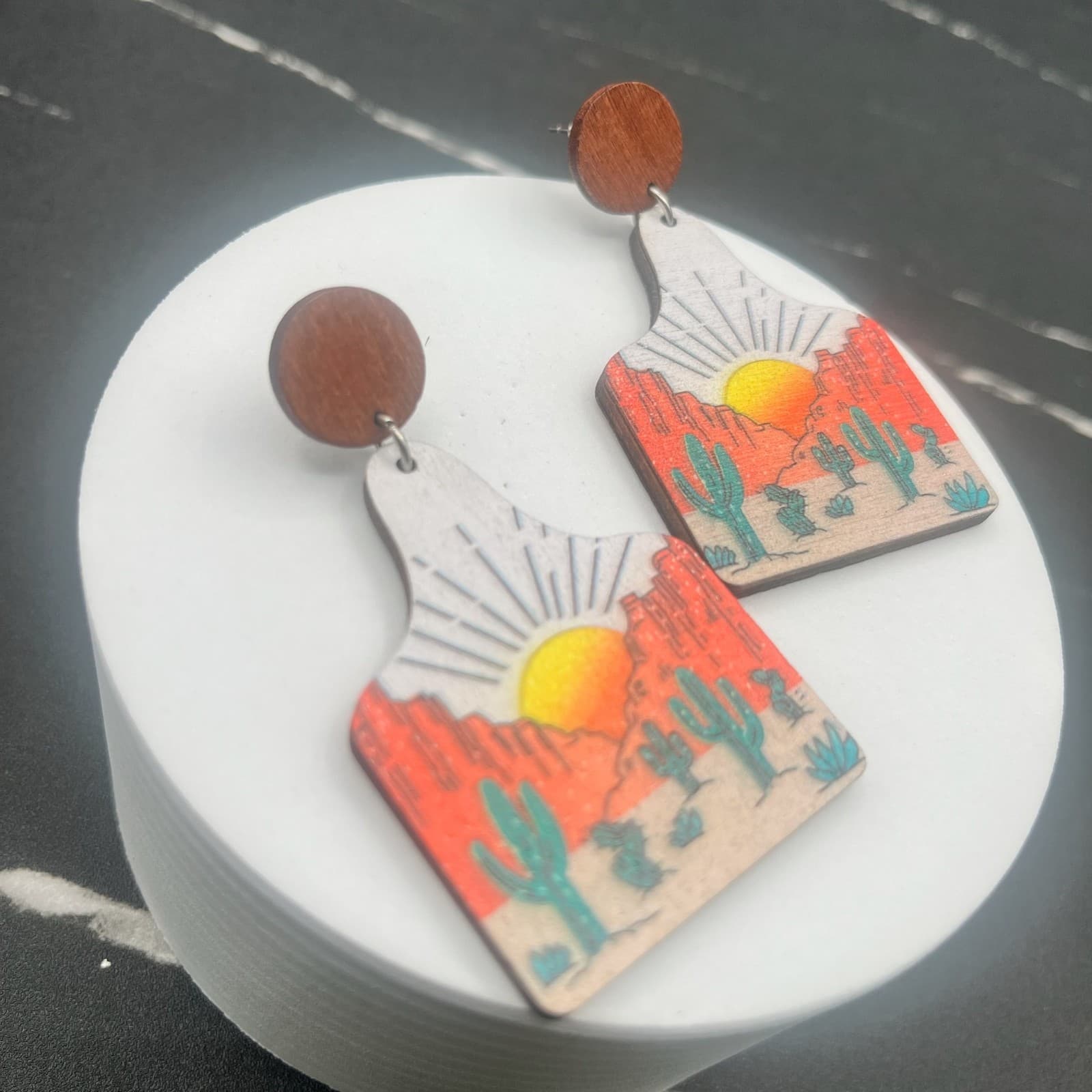 Vintage Desert Cactus Sunset Earrings Printed Wooden Dangle Western Jewellery - Thumbnail 2