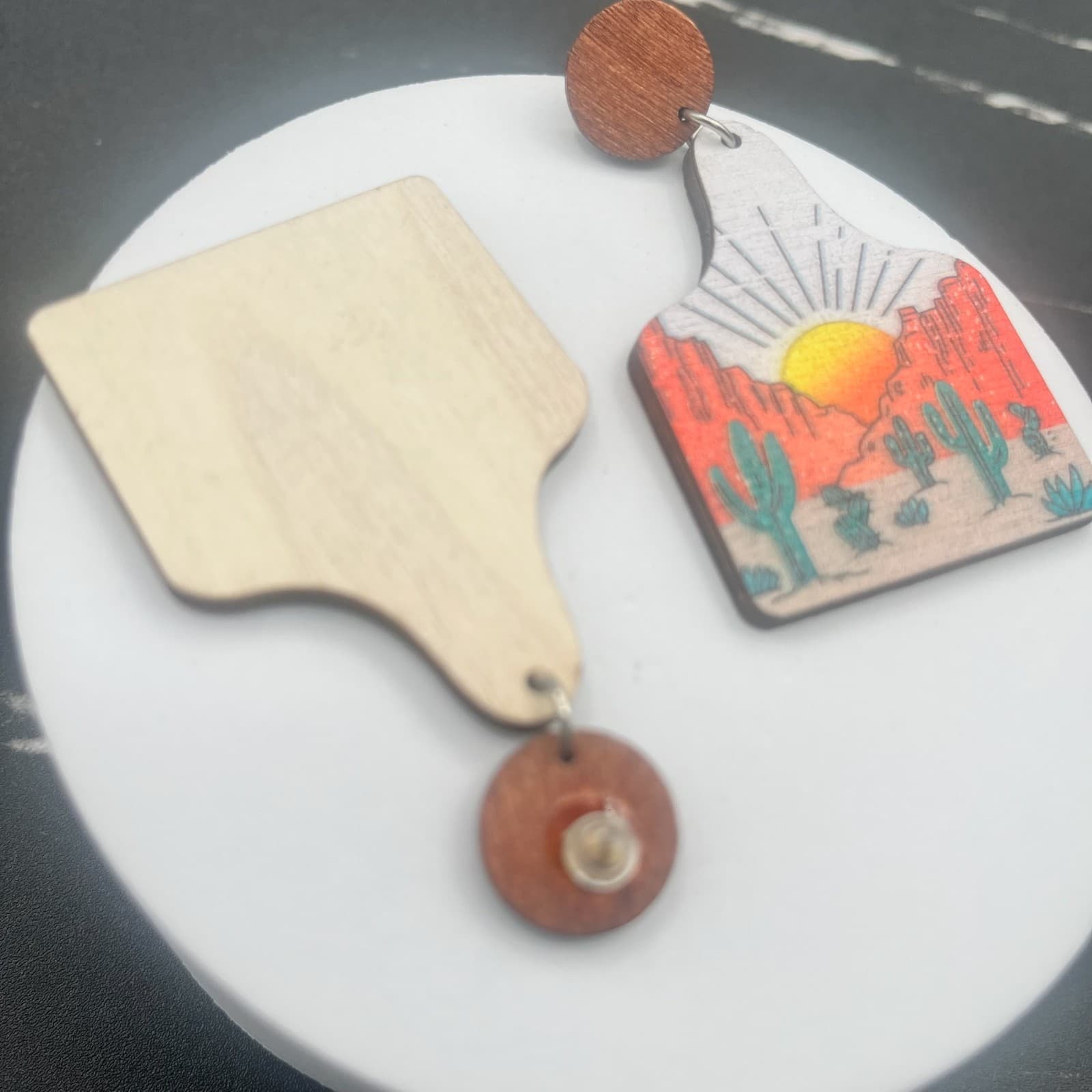 Vintage Desert Cactus Sunset Earrings Printed Wooden Dangle Western Jewellery - Thumbnail 7