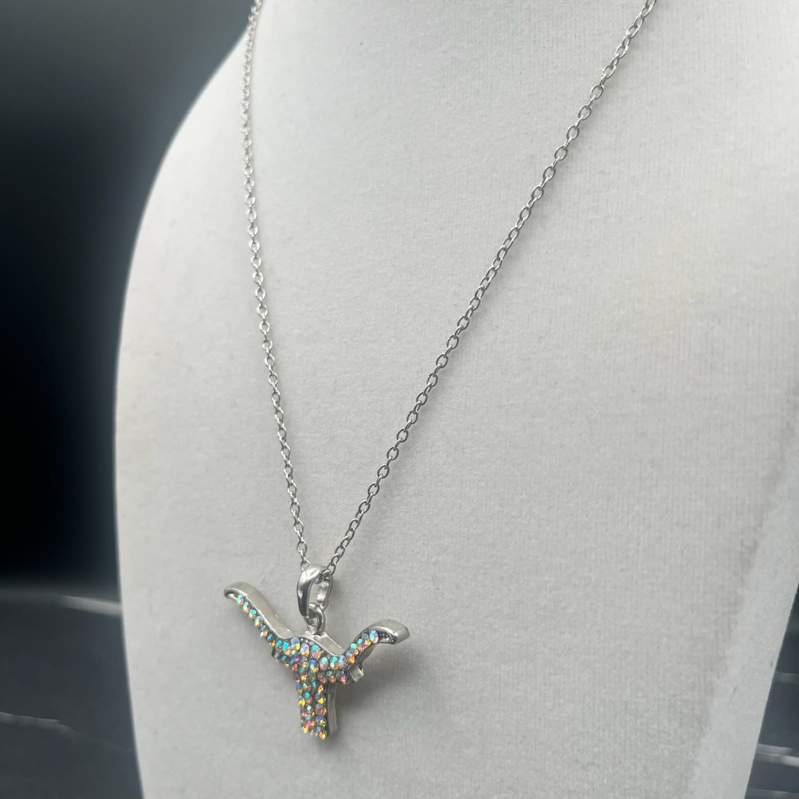 Vintage Rhinestone Longhorn Pendant Necklace Silver Tone Bull Head Jewellery - Thumbnail 5