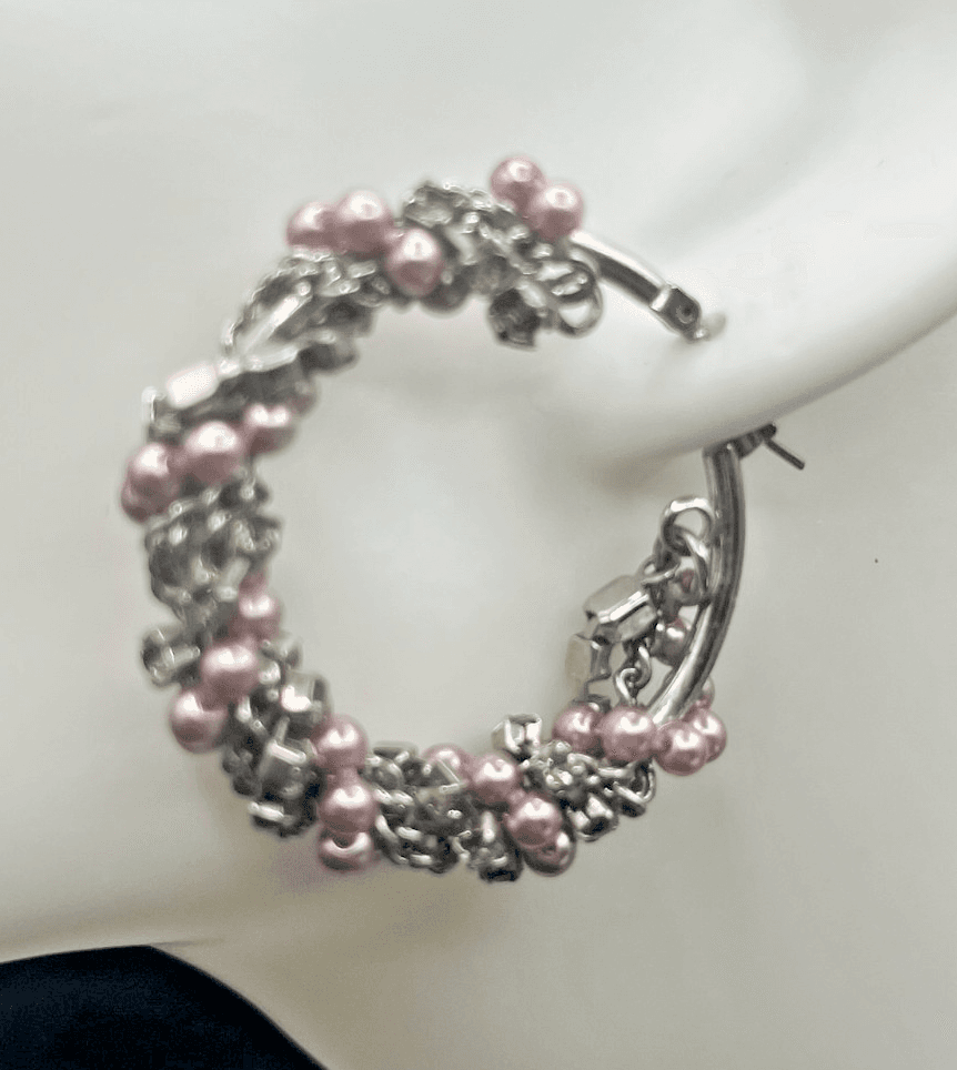 Vintage Y2K Hoop Earrings Silver-Tone Pink Faux Pearl Chain Statement 1.25" - Thumbnail 3