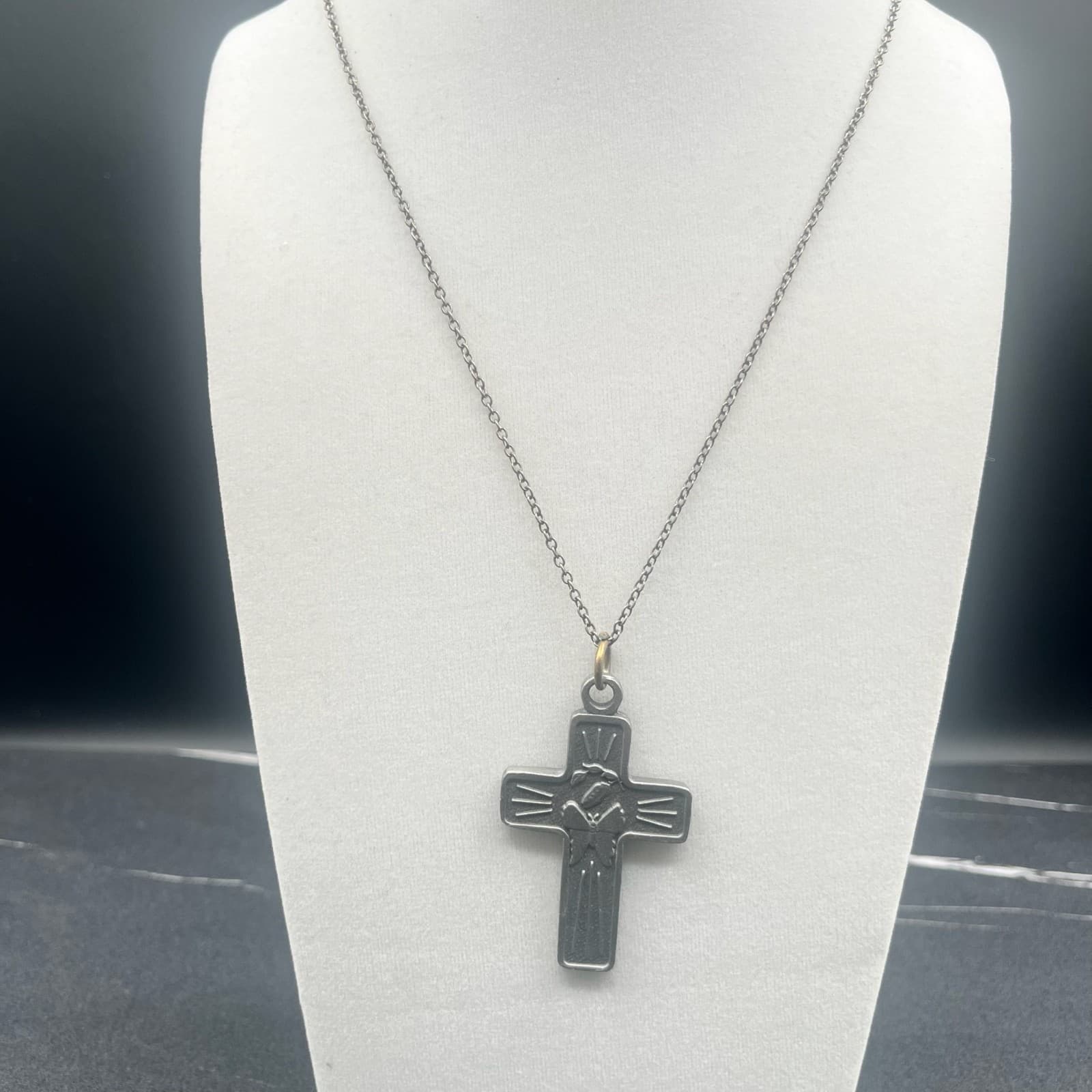 Vintage Style Cross Pendant Necklace Gunmetal Tone Butterfly Religious Charm - Thumbnail 2
