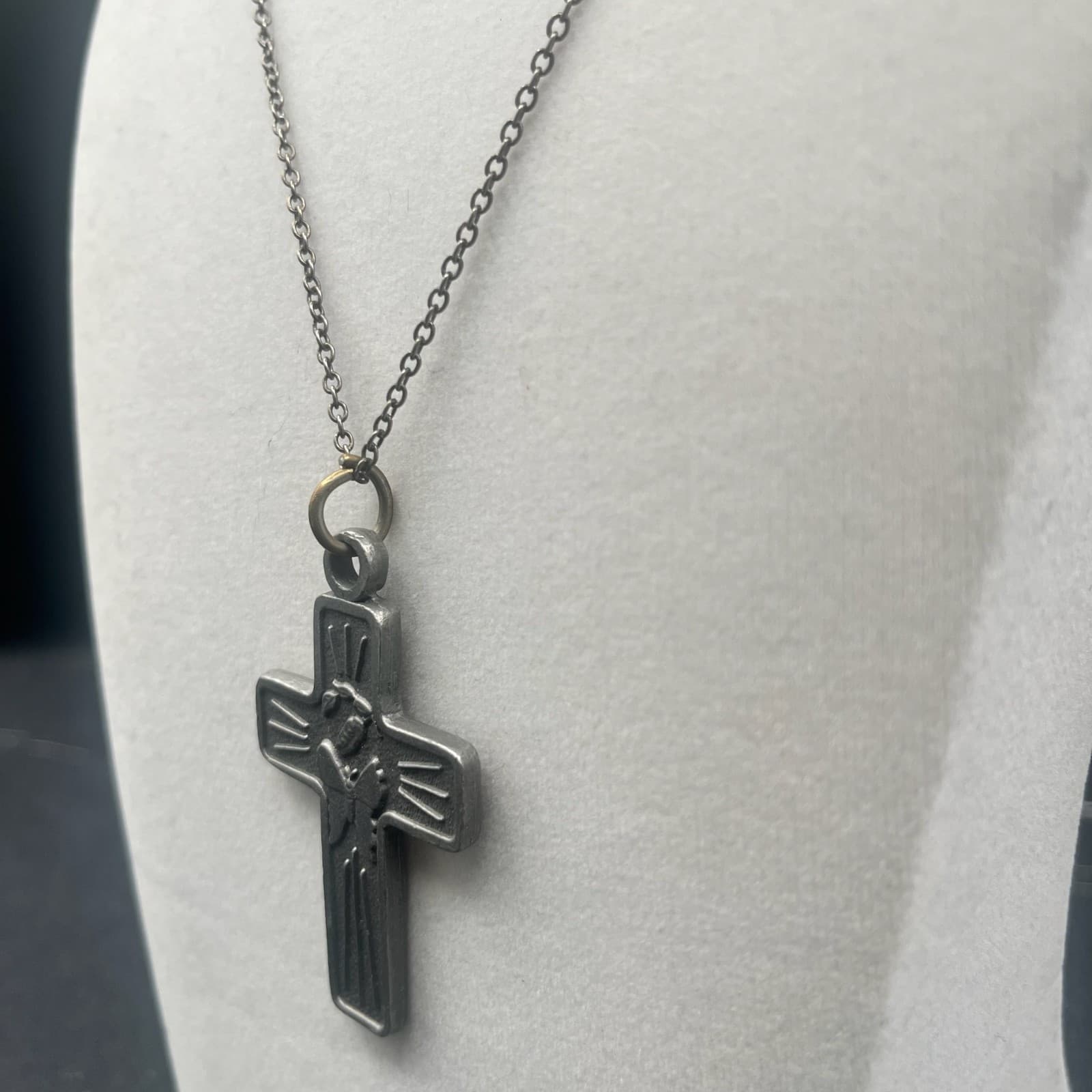Vintage Style Cross Pendant Necklace Gunmetal Tone Butterfly Religious Charm - Thumbnail 4