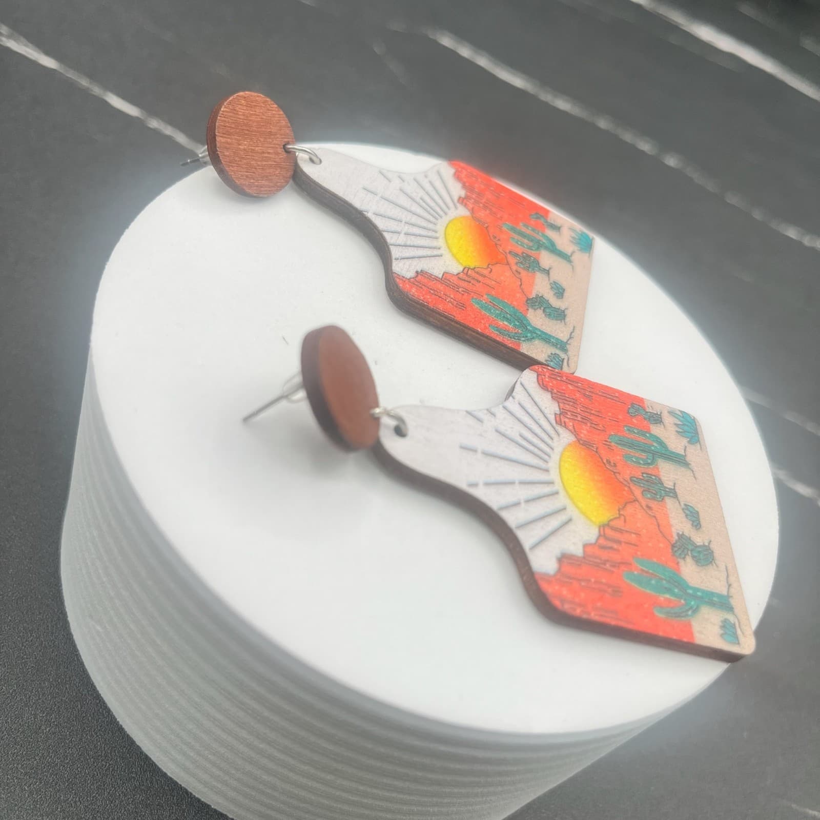 Vintage Desert Cactus Sunset Earrings Printed Wooden Dangle Western Jewellery - Thumbnail 3