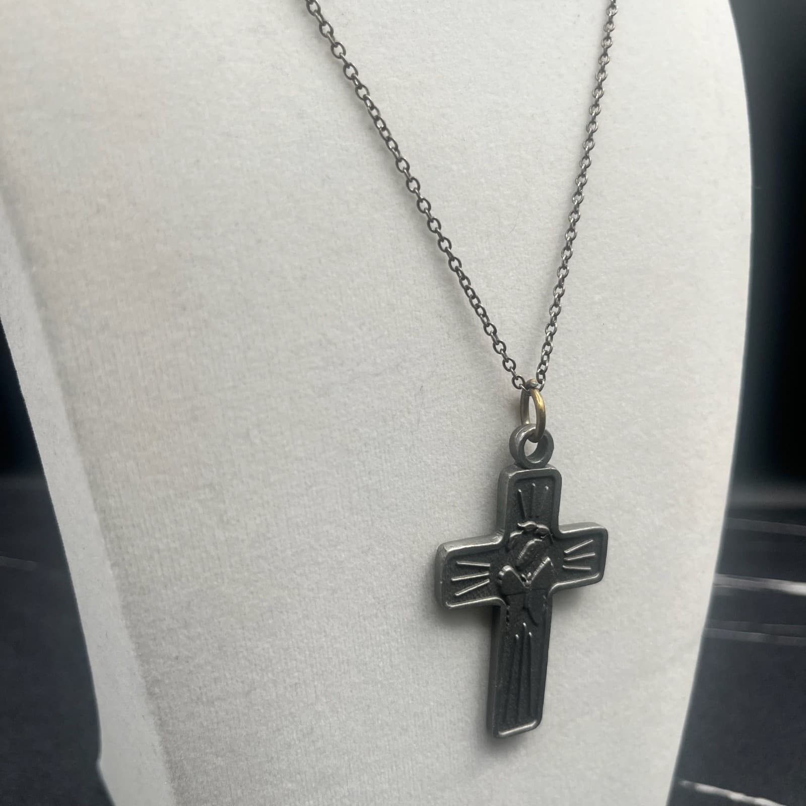 Vintage Style Cross Pendant Necklace Gunmetal Tone Butterfly Religious Charm - Thumbnail 3