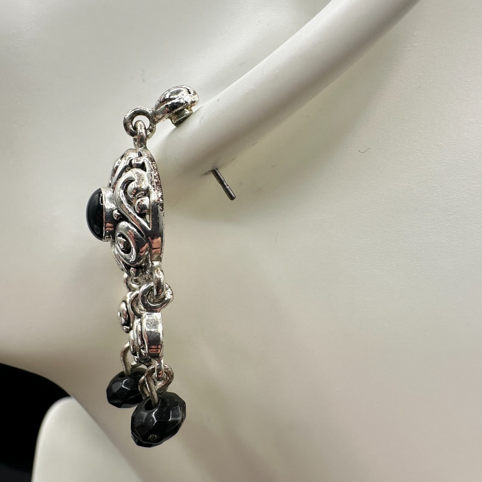 Avon VTG Silver Tone Filigree Dangle Earrings Black Beads Boho Statement Jewelry - Thumbnail 4