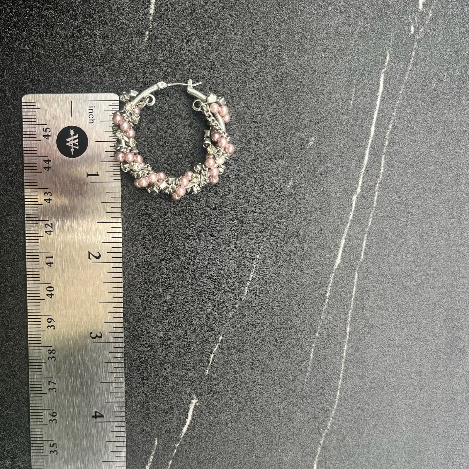 Vintage Y2K Hoop Earrings Silver-Tone Pink Faux Pearl Chain Statement 1.25" - Thumbnail 9