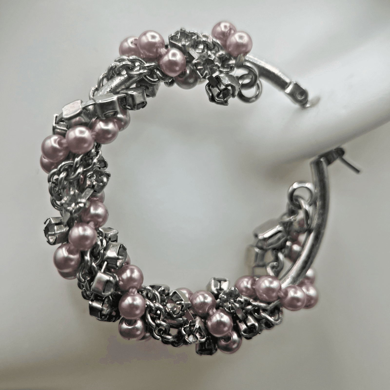 Vintage Y2K Hoop Earrings Silver-Tone Pink Faux Pearl Chain Statement 1.25" - Thumbnail 5