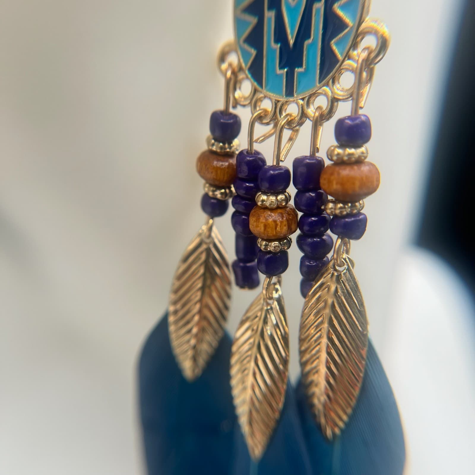 Vintage Feather Teardrop Beaded Dangle Earrings Gold Tone Statement Jewelry - Thumbnail 8