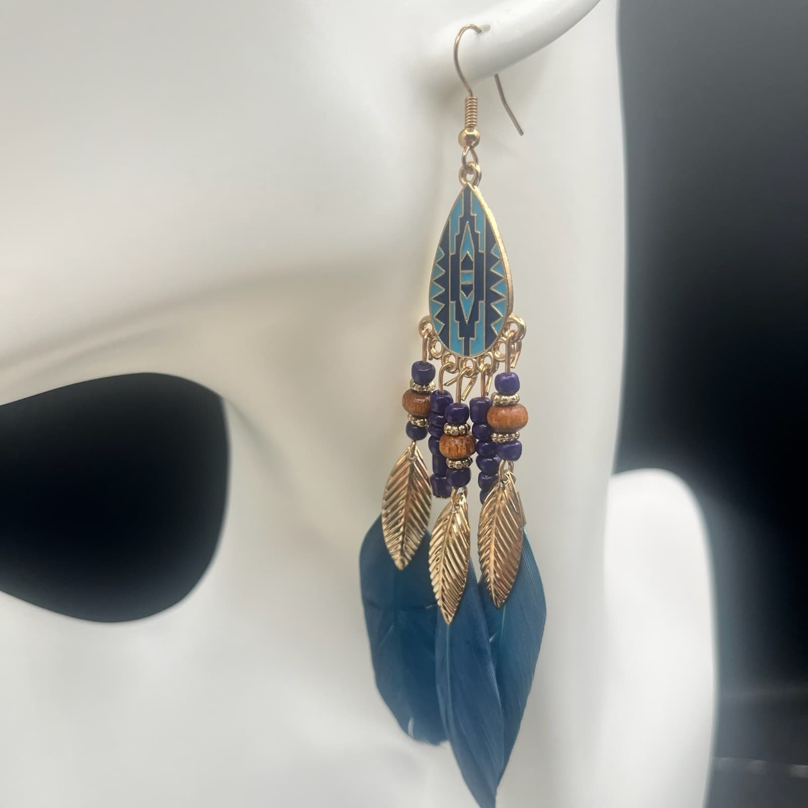Vintage Feather Teardrop Beaded Dangle Earrings Gold Tone Statement Jewelry - Thumbnail 5