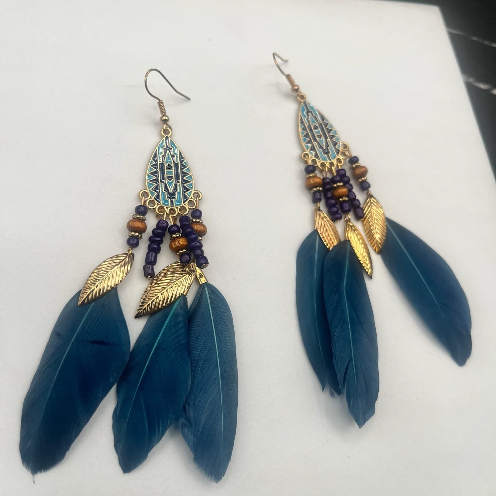 Vintage Feather Teardrop Beaded Dangle Earrings Gold Tone Statement Jewelry - Thumbnail 3