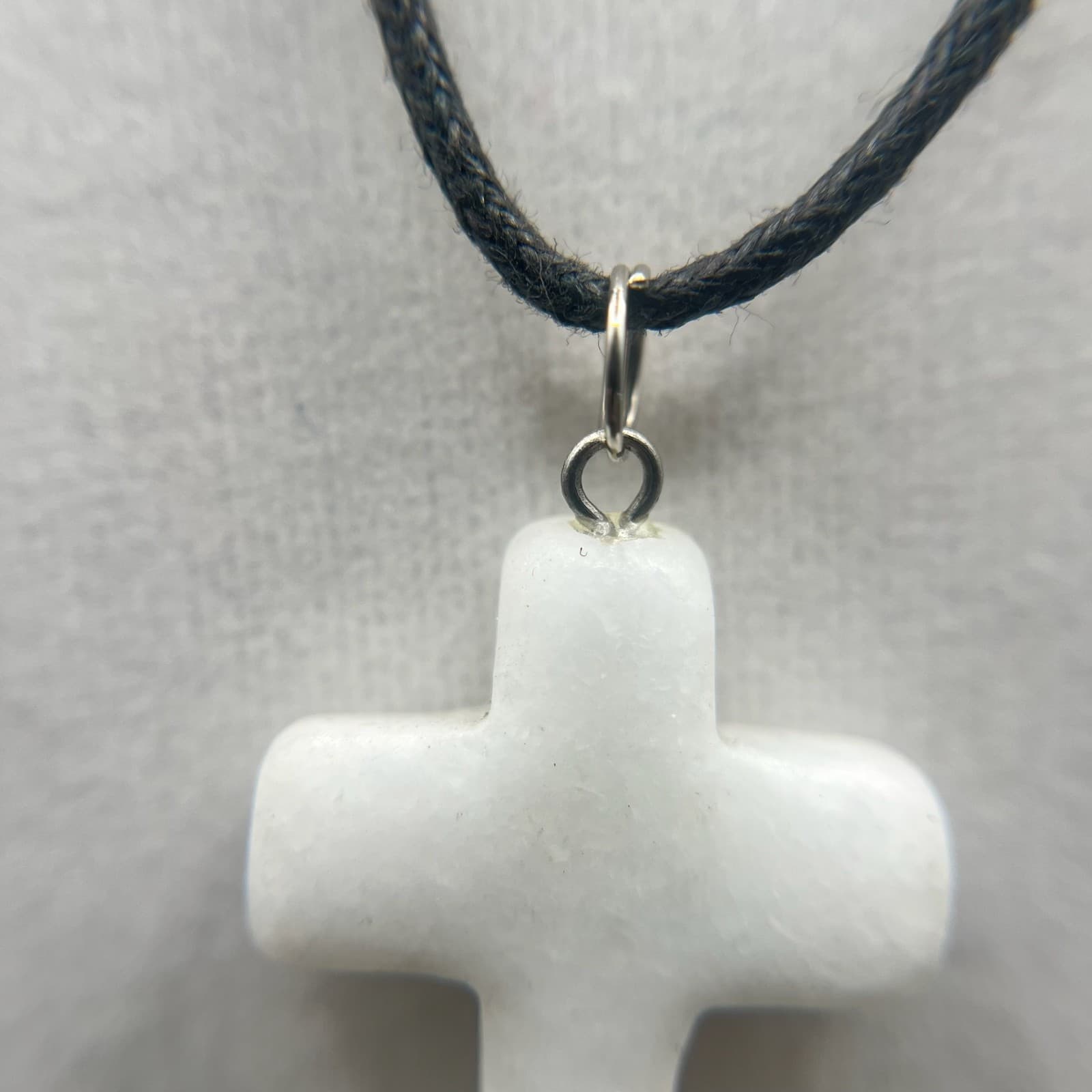 Vintage Chalcedony Cross Pendant Necklace Black Cord Spiritual Crystal Jewelry - Thumbnail 6