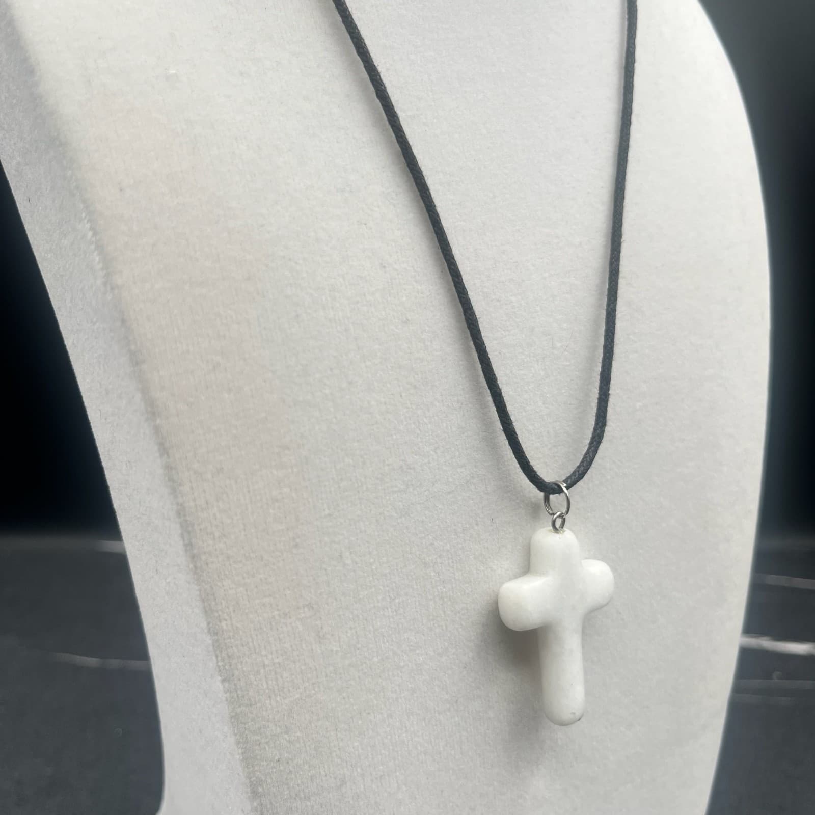 Vintage Chalcedony Cross Pendant Necklace Black Cord Spiritual Crystal Jewelry - Thumbnail 3