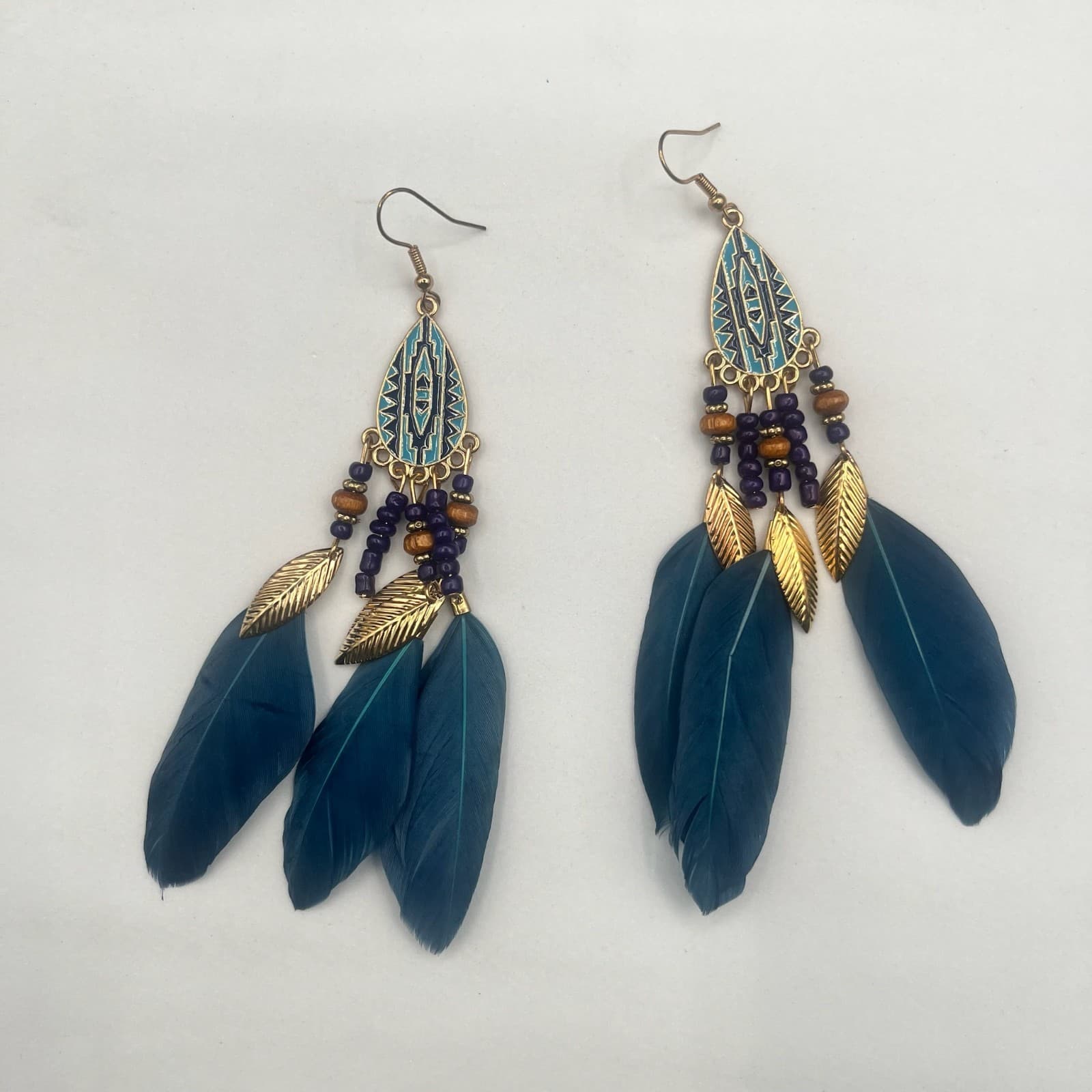 Vintage Feather Teardrop Beaded Dangle Earrings Gold Tone Statement Jewelry - Thumbnail 2
