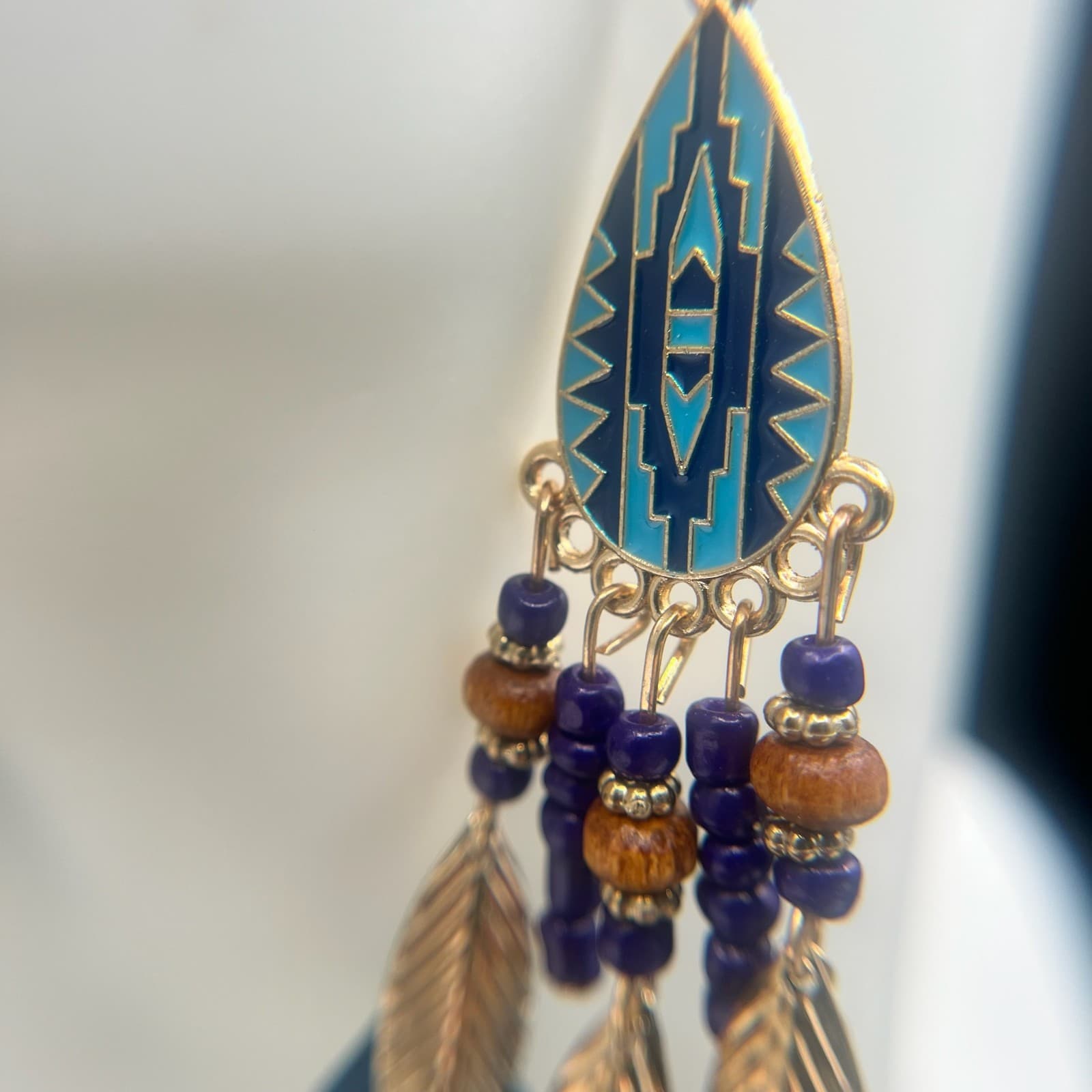 Vintage Feather Teardrop Beaded Dangle Earrings Gold Tone Statement Jewelry - Thumbnail 7