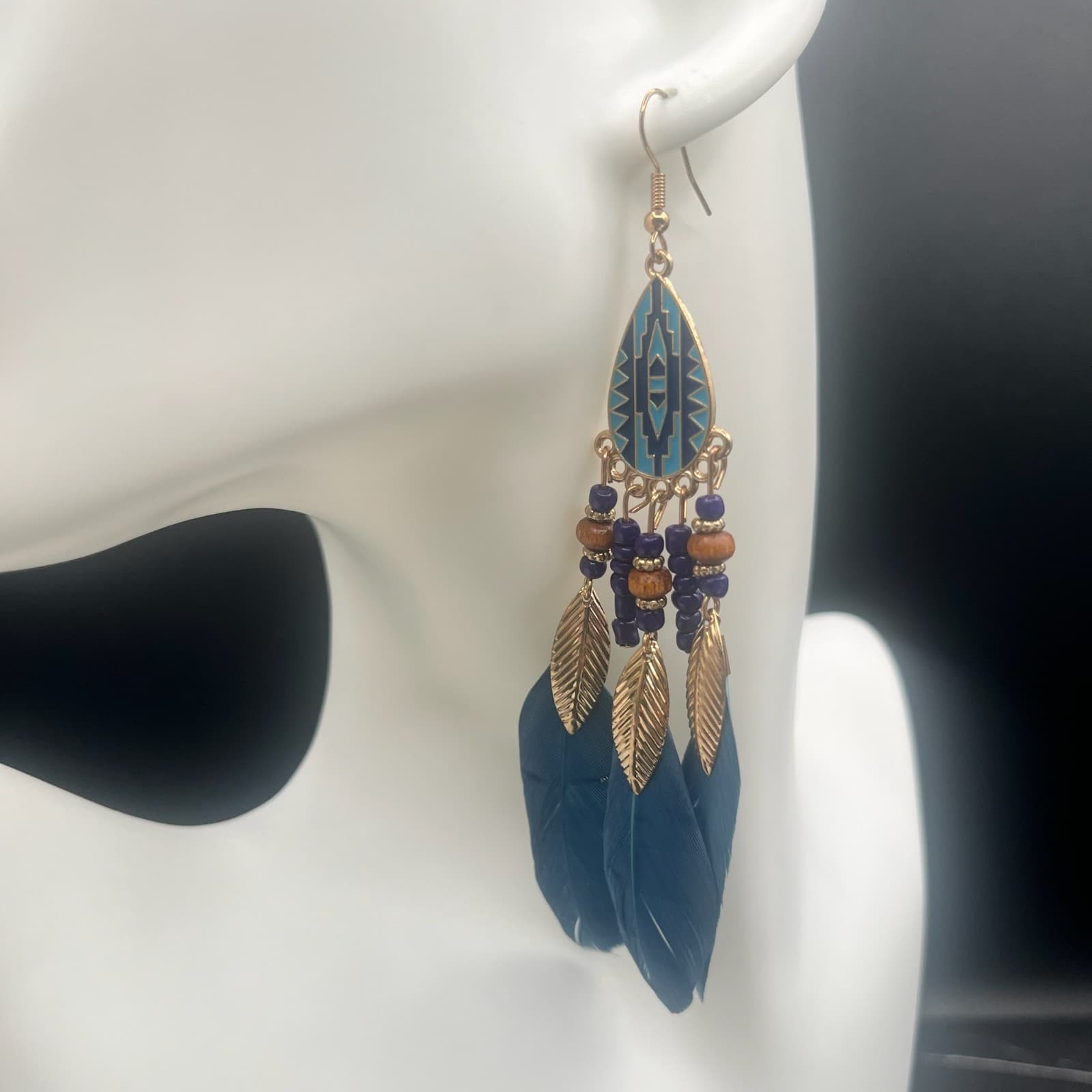 Vintage Feather Teardrop Beaded Dangle Earrings Gold Tone Statement Jewelry - Thumbnail 6