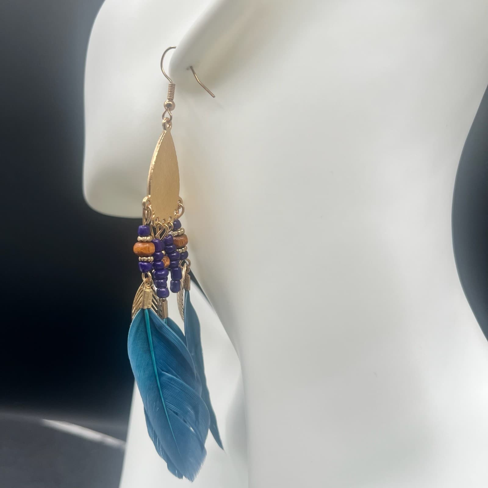 Vintage Feather Teardrop Beaded Dangle Earrings Gold Tone Statement Jewelry - Thumbnail 10