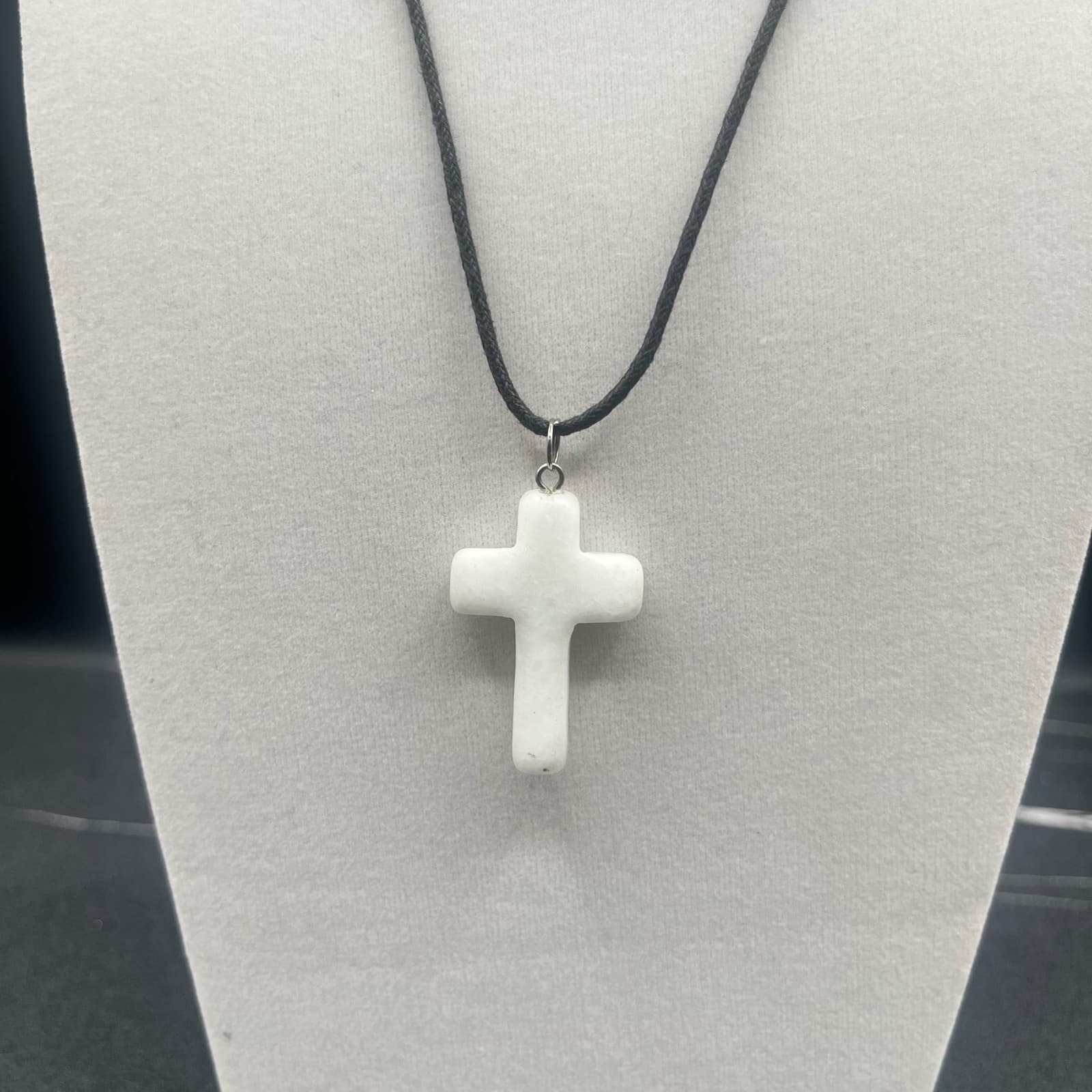 Vintage Chalcedony Cross Pendant Necklace Black Cord Spiritual Crystal Jewelry - Thumbnail 2