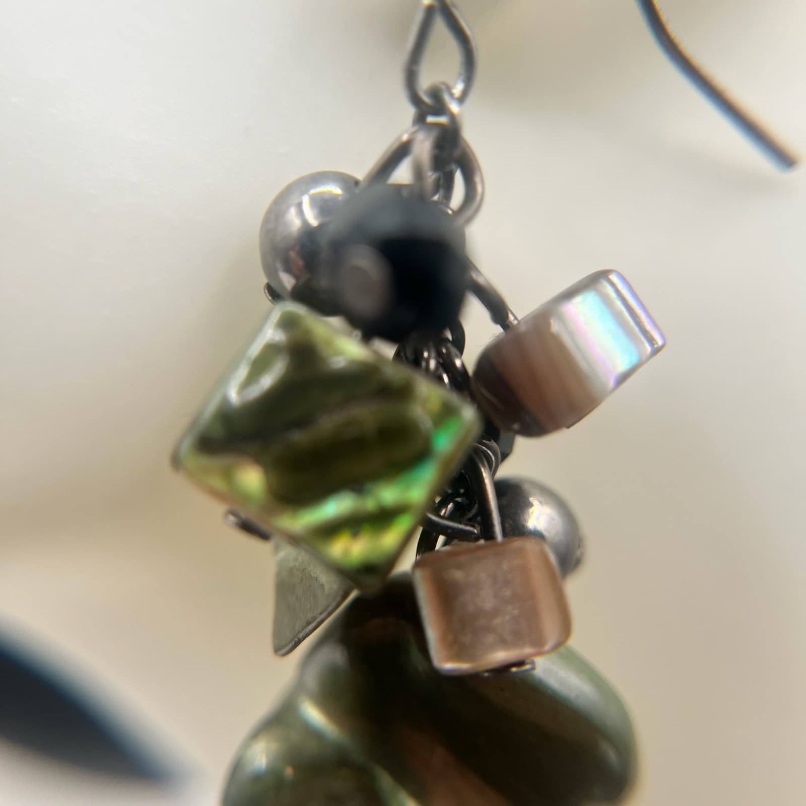 Vintage Dyed Shell Cluster Dangle Earrings Green Iridescent Boho Statement - Thumbnail 6