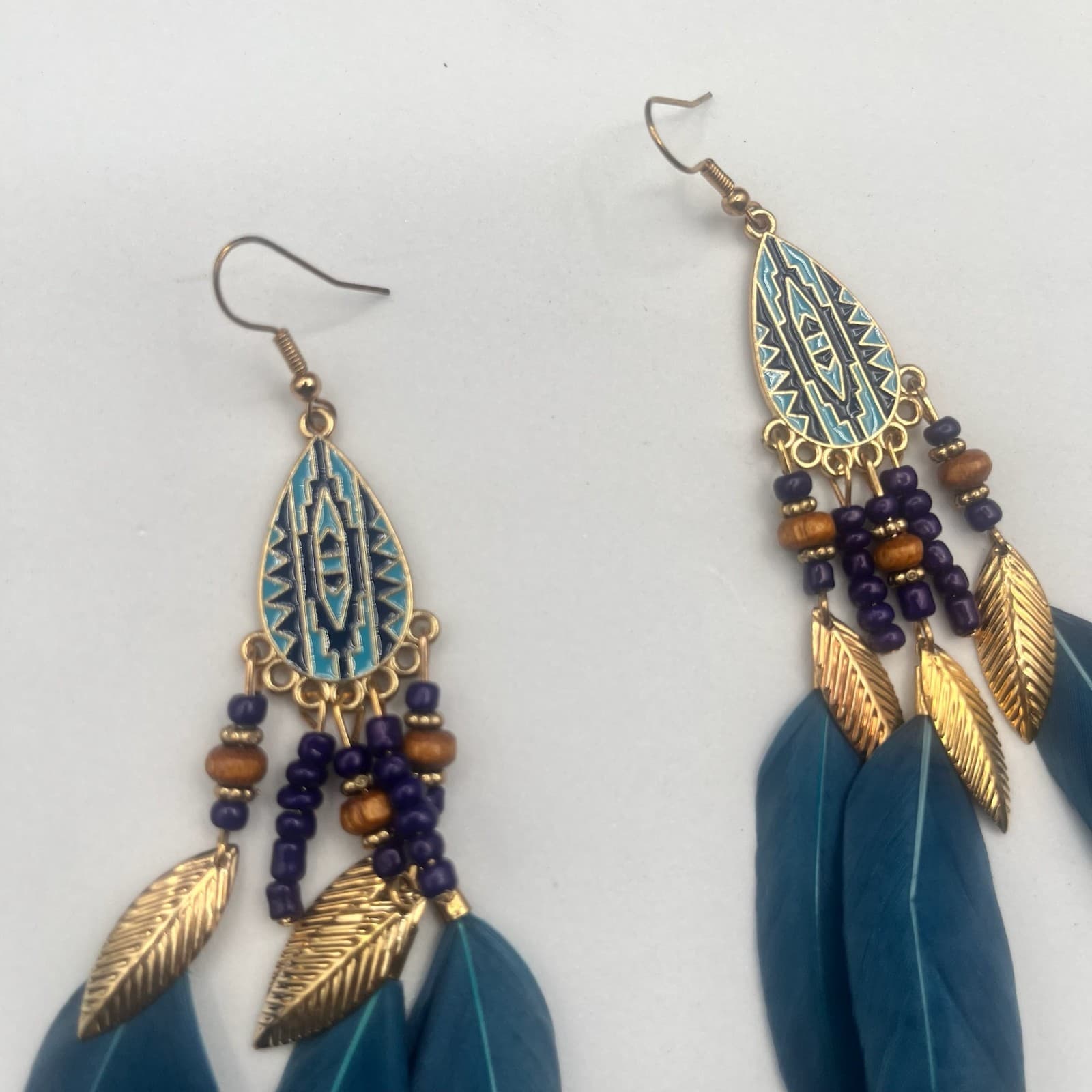 Vintage Feather Teardrop Beaded Dangle Earrings Gold Tone Statement Jewelry - Thumbnail 4