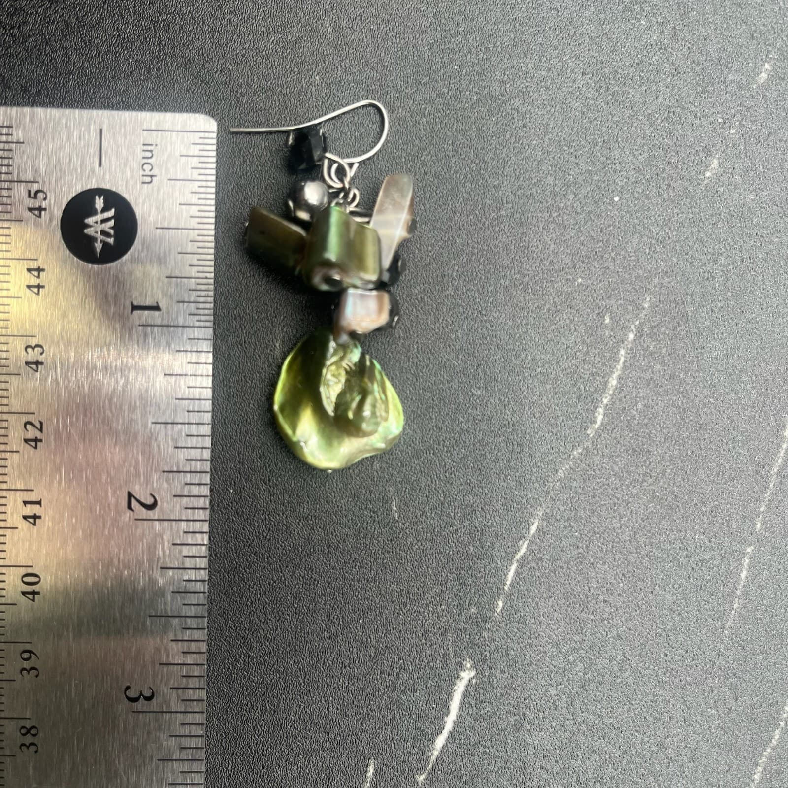 Vintage Dyed Shell Cluster Dangle Earrings Green Iridescent Boho Statement - Thumbnail 8