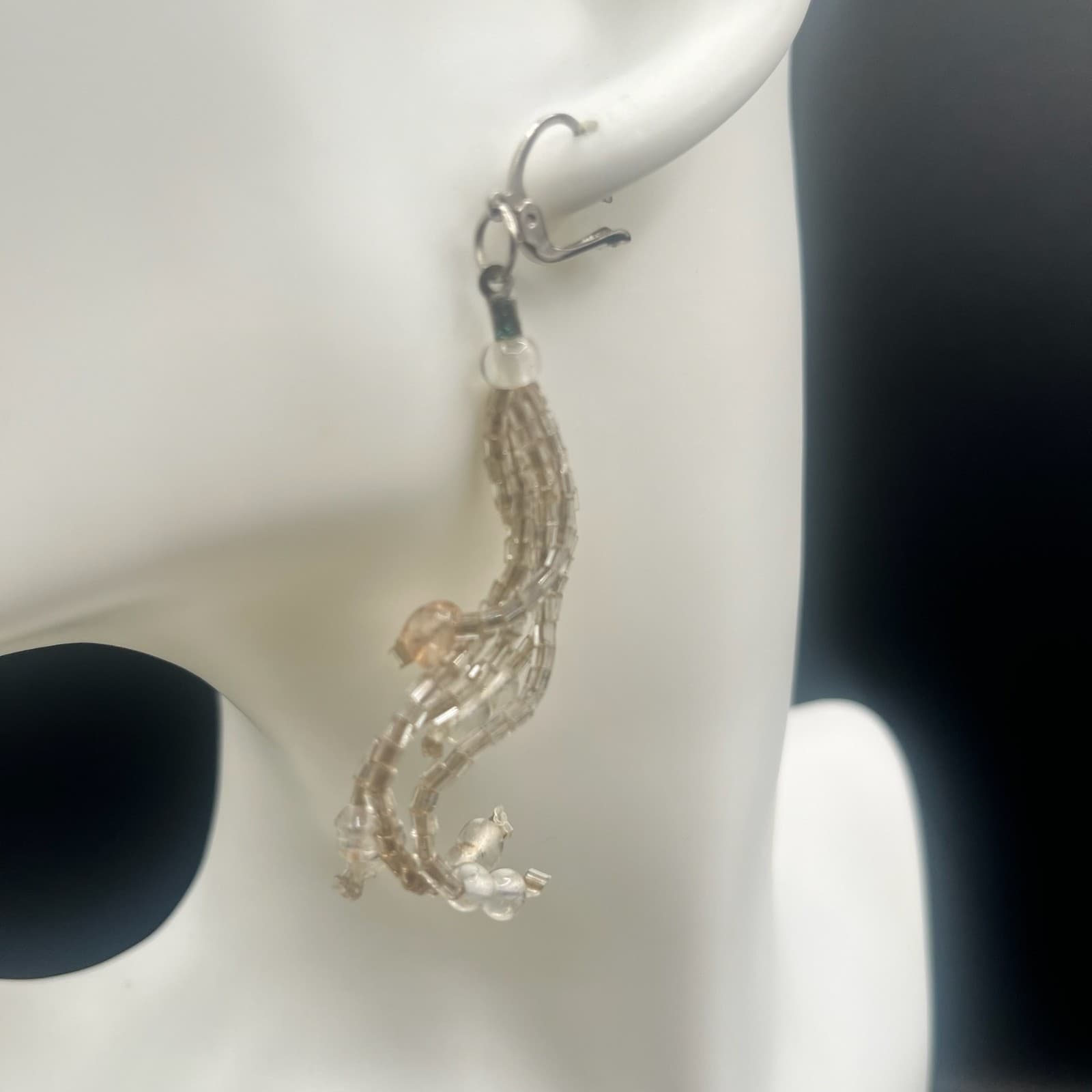 Vintage 90s Silver Tone Dangle Earrings Clear Seed Beaded Multi Strand Tassel - Thumbnail 2