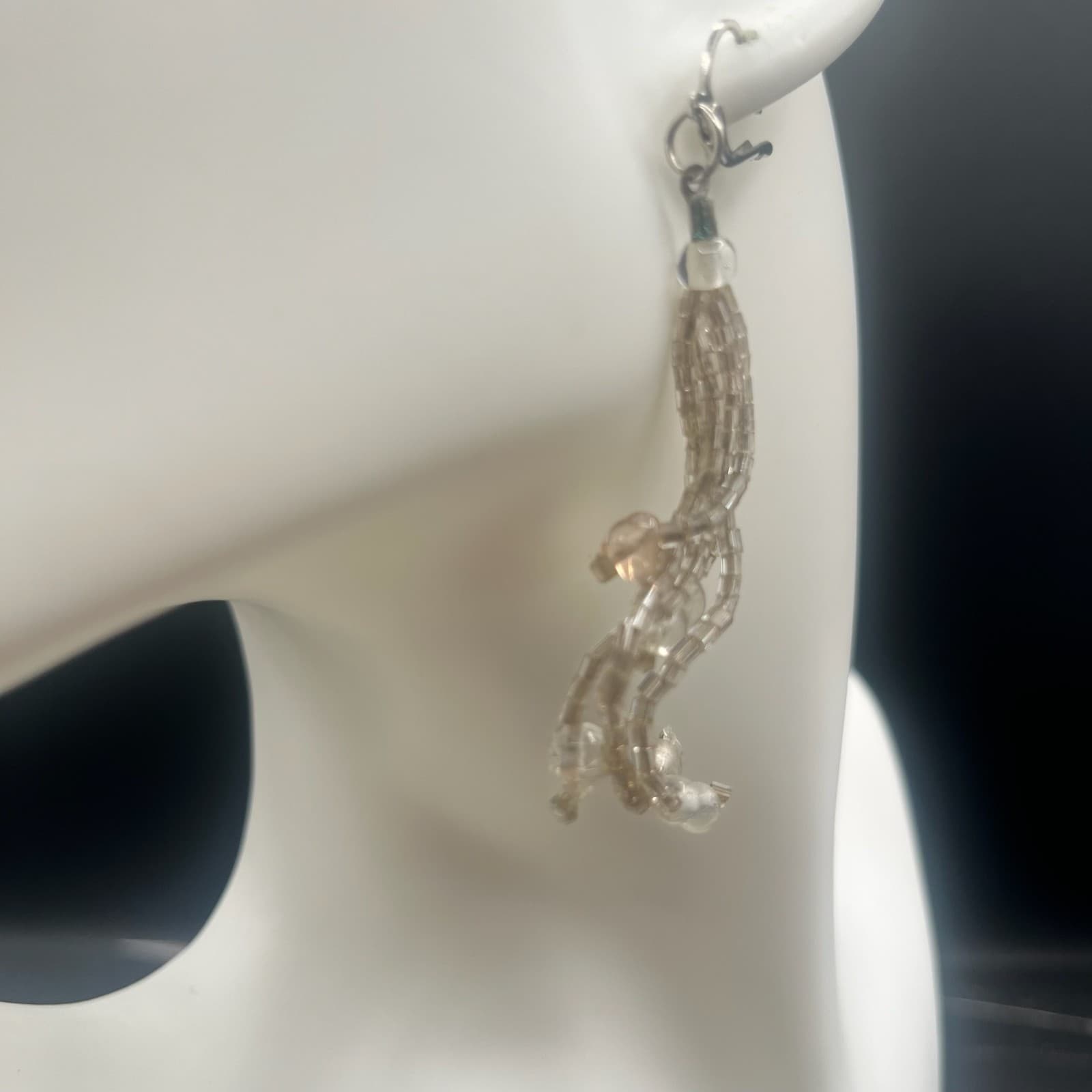 Vintage 90s Silver Tone Dangle Earrings Clear Seed Beaded Multi Strand Tassel - Thumbnail 4