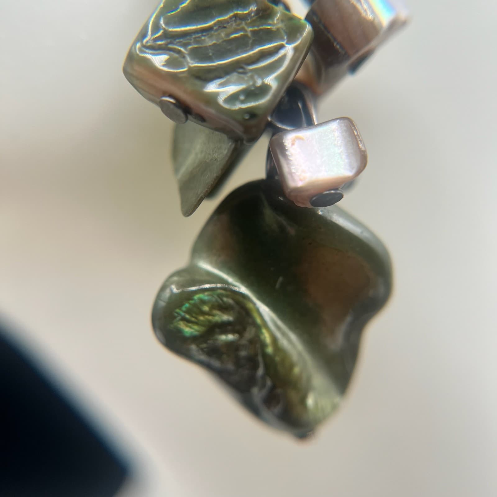 Vintage Dyed Shell Cluster Dangle Earrings Green Iridescent Boho Statement - Thumbnail 7