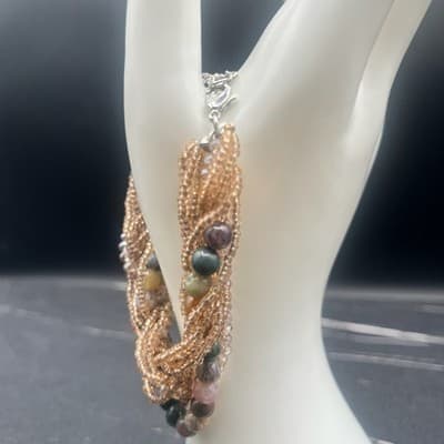 Vintage Y2K Multi-Strand Agate Natural Stone Bracelet Seed Beads Boho Statement - Thumbnail 2