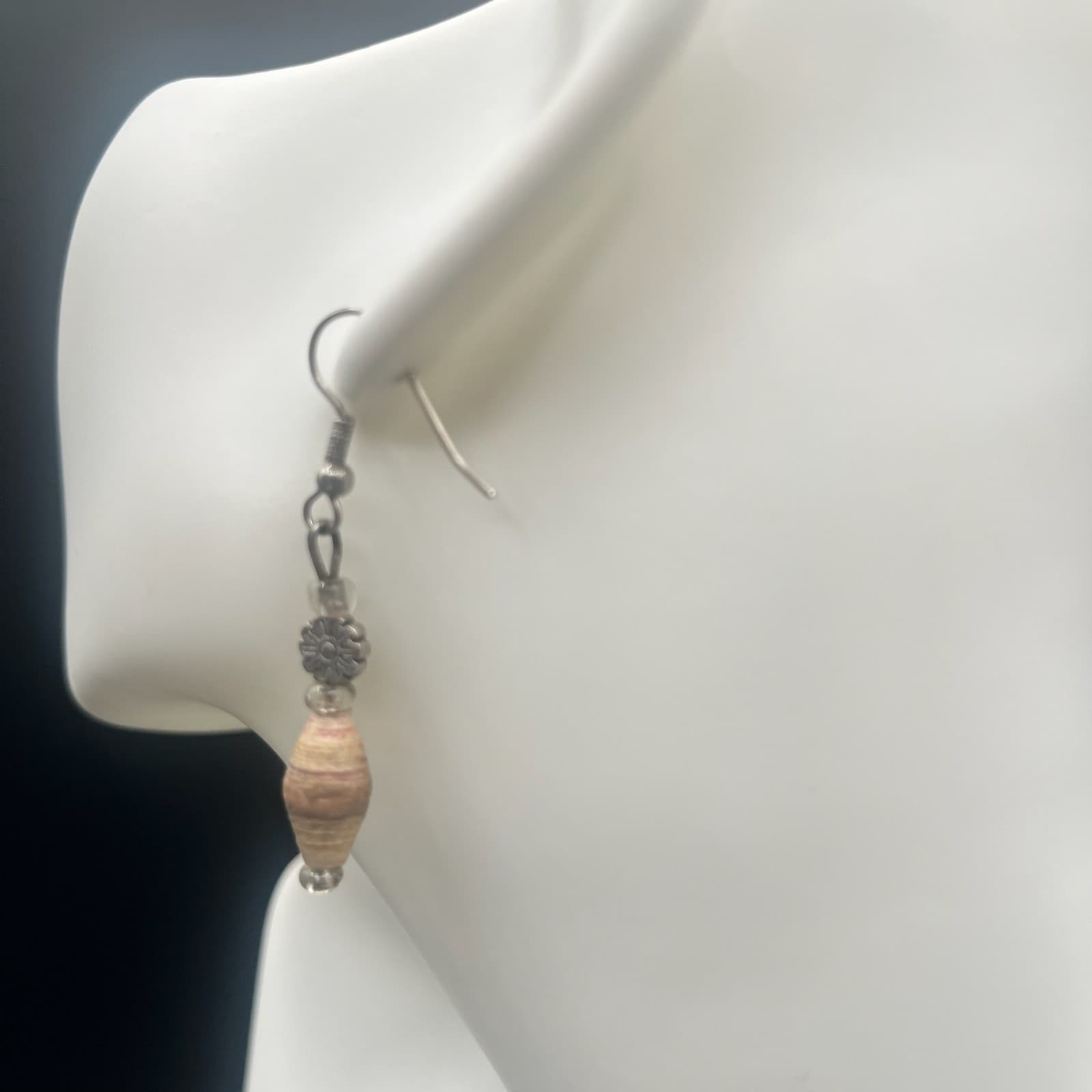 Vintage 90s Silver Tone Dangle Earrings Rolled Paper Beaded Women's Jewelry - Thumbnail 3