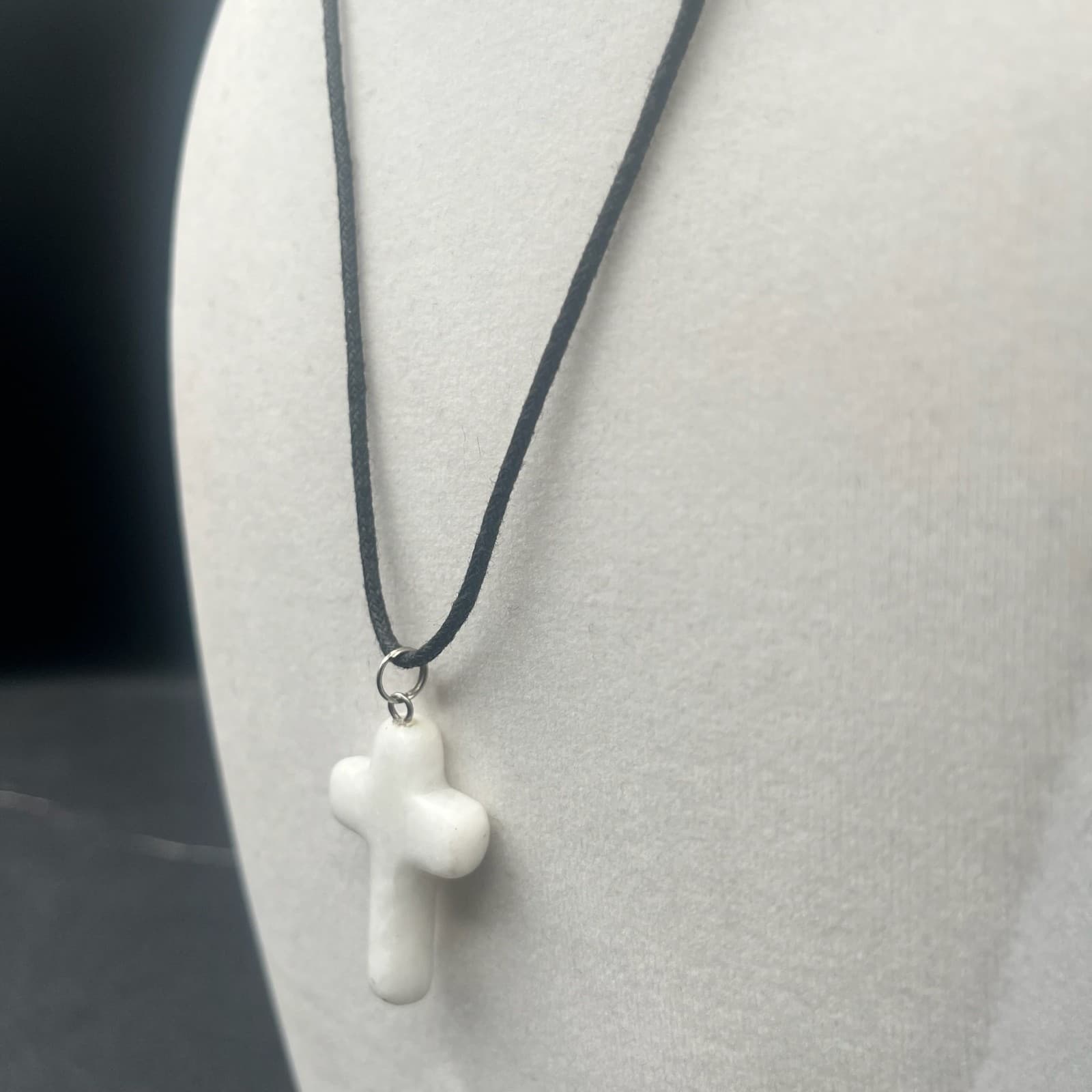 Vintage Chalcedony Cross Pendant Necklace Black Cord Spiritual Crystal Jewelry - Thumbnail 4