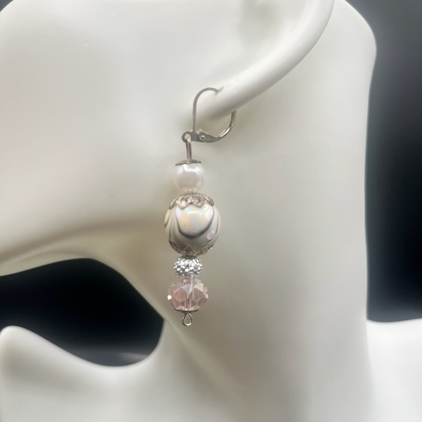 Vintage Pink Crystal Pearl Dangle Earrings Leverback Statement Jewellery - Thumbnail 2