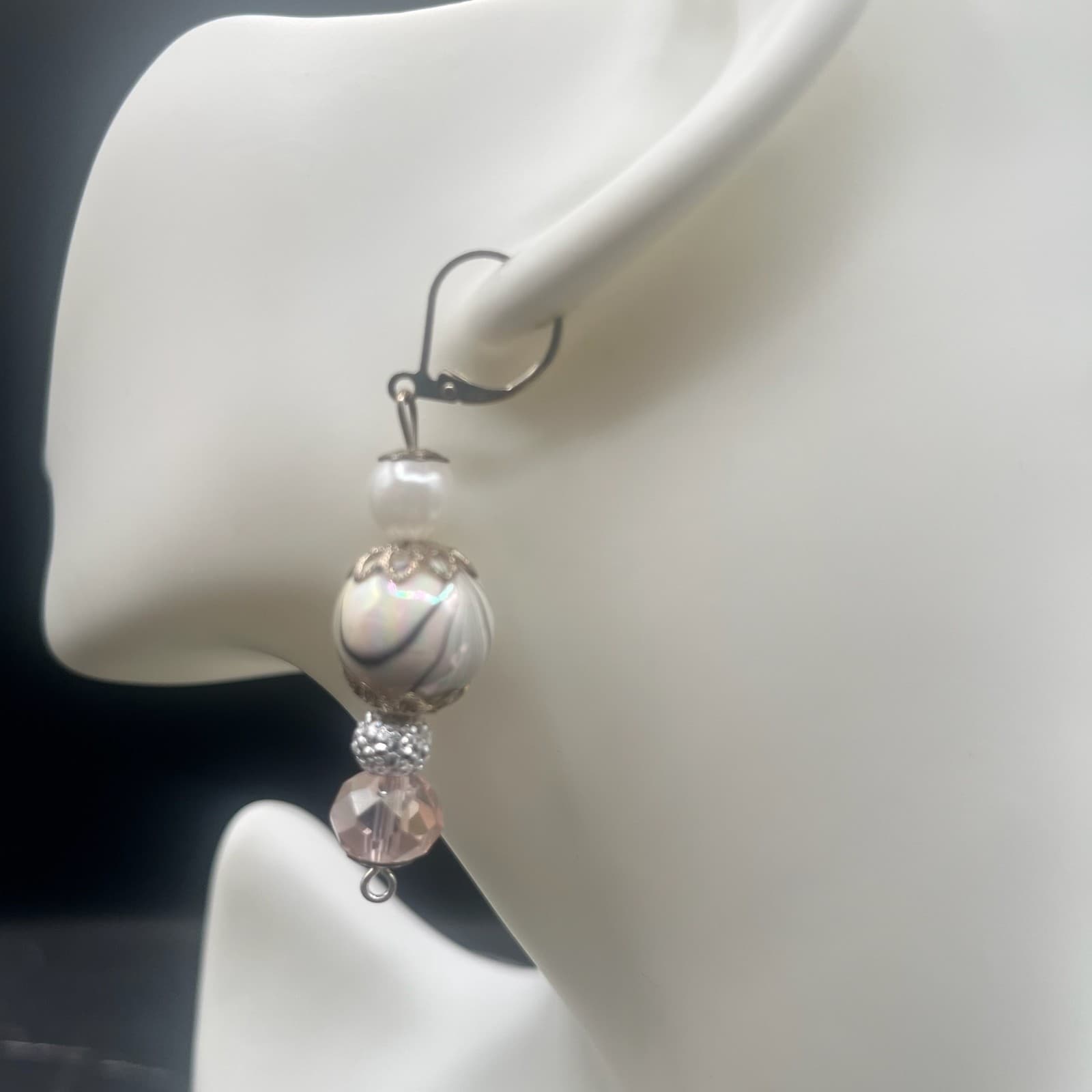 Vintage Pink Crystal Pearl Dangle Earrings Leverback Statement Jewellery - Thumbnail 3