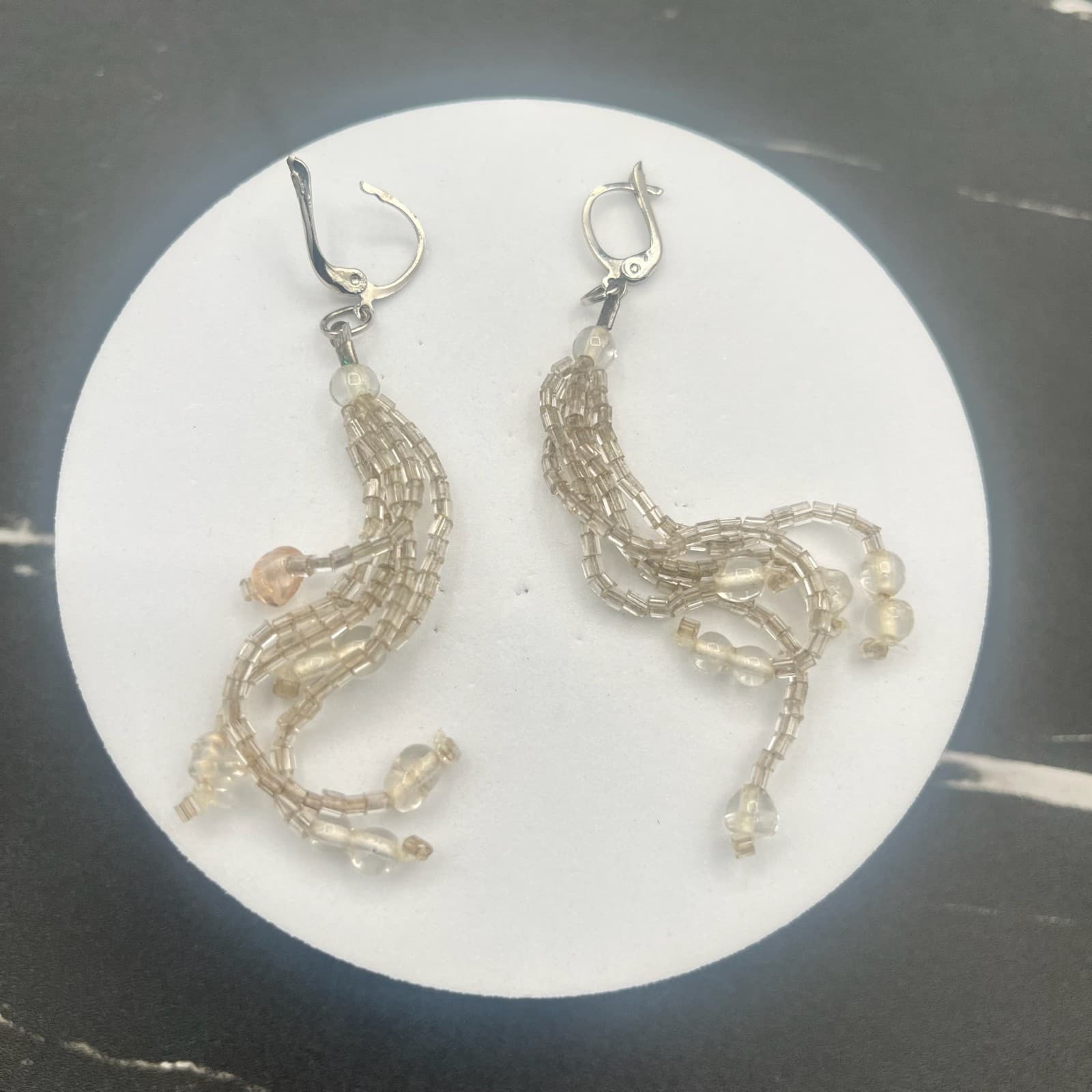 Vintage 90s Silver Tone Dangle Earrings Clear Seed Beaded Multi Strand Tassel - Thumbnail 11