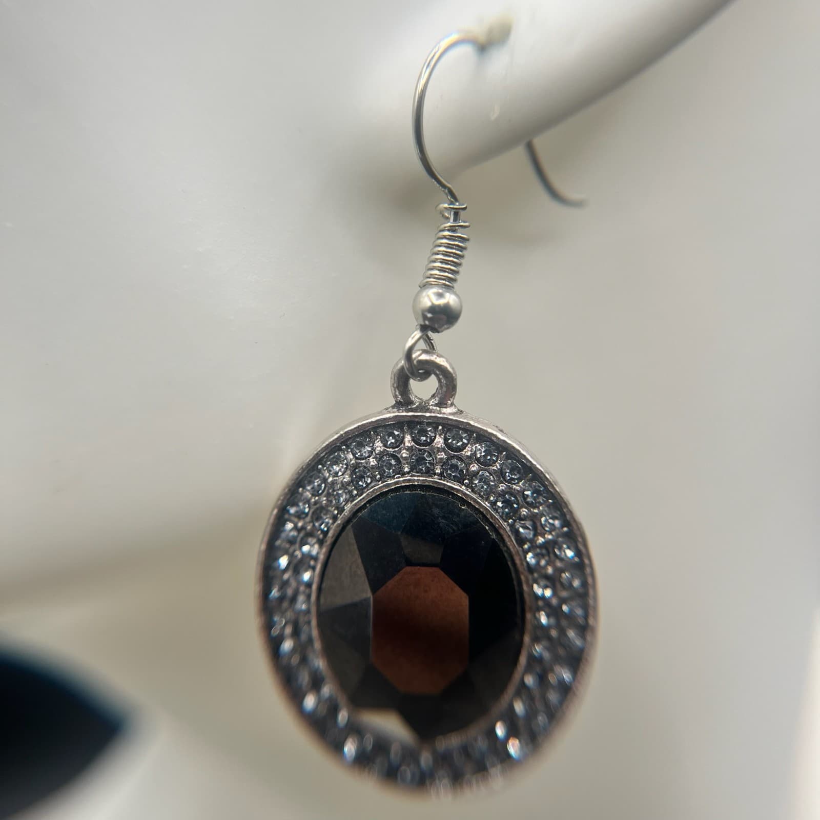Vintage Y2K Silver Tone Black Oval Rhinestone Dangle Earrings Women's Jewelry - Thumbnail 6
