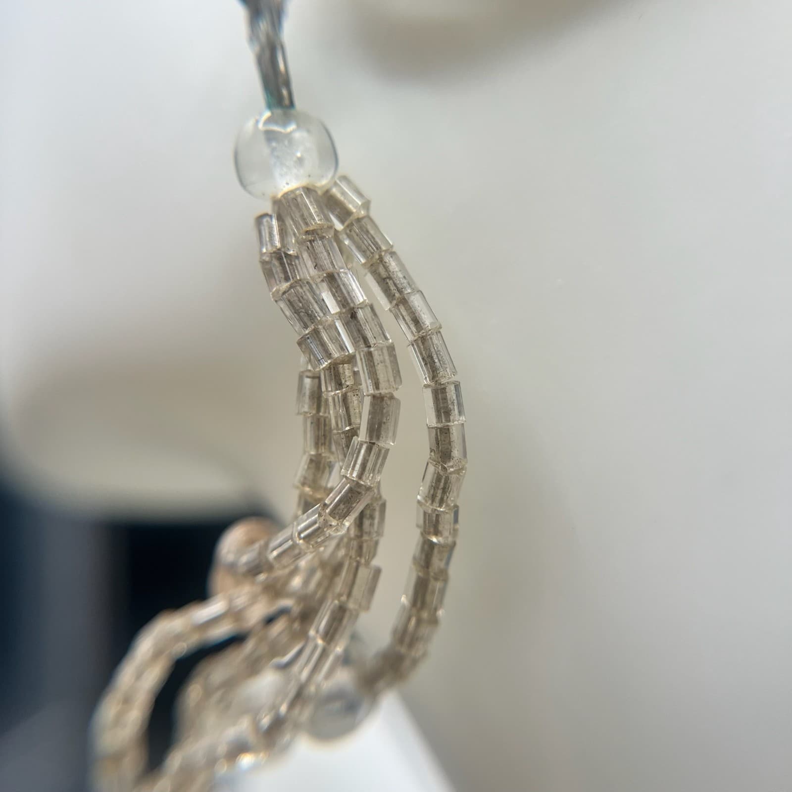 Vintage 90s Silver Tone Dangle Earrings Clear Seed Beaded Multi Strand Tassel - Thumbnail 7