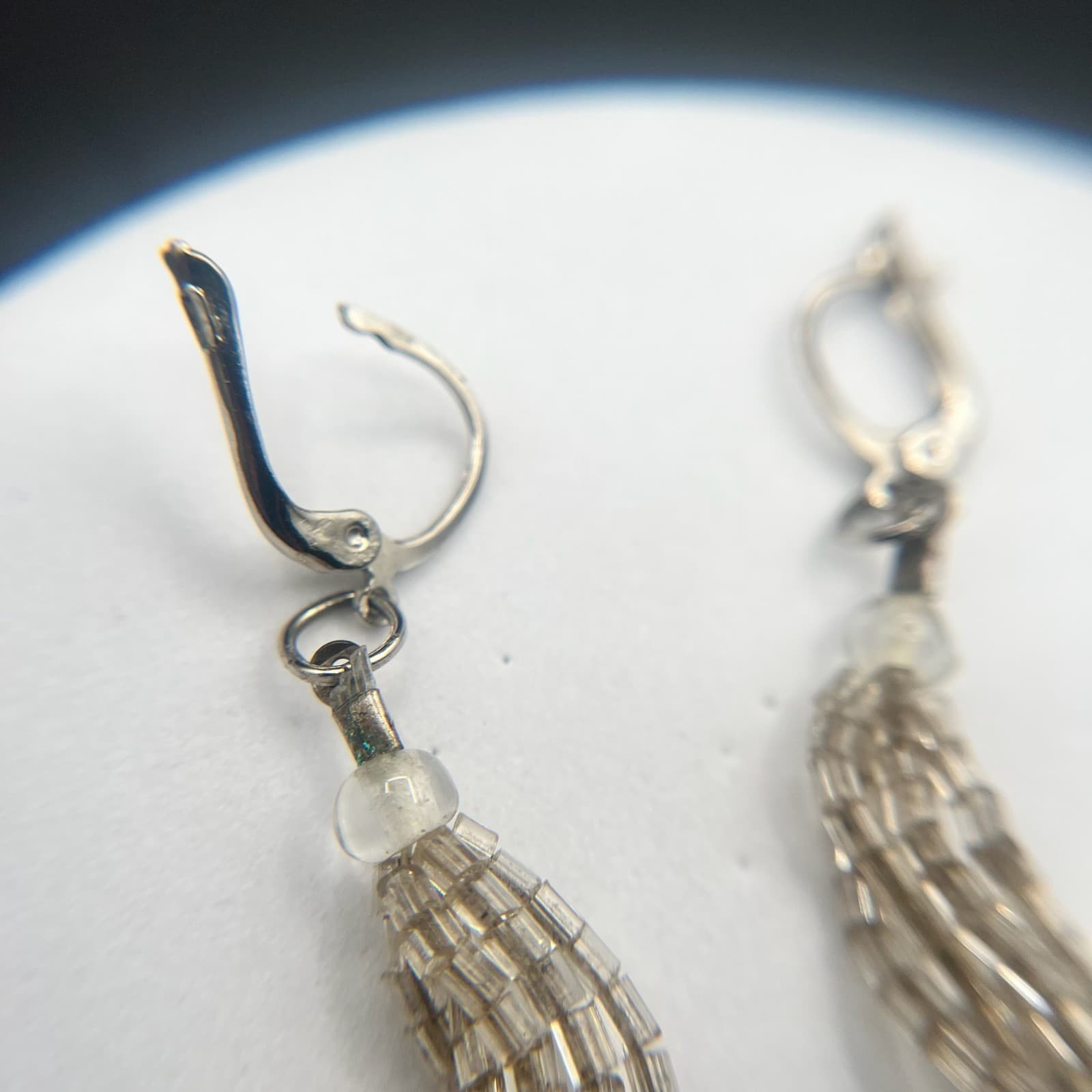 Vintage 90s Silver Tone Dangle Earrings Clear Seed Beaded Multi Strand Tassel - Thumbnail 12