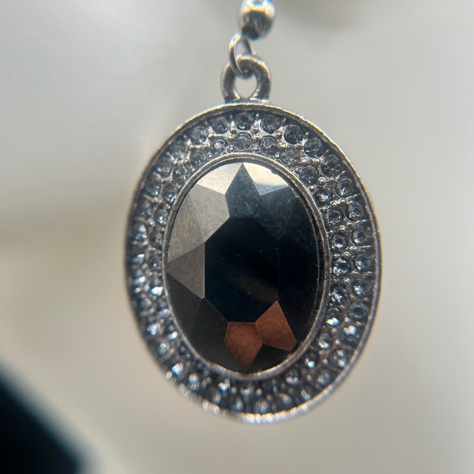 Vintage Y2K Silver Tone Black Oval Rhinestone Dangle Earrings Women's Jewelry - Thumbnail 4