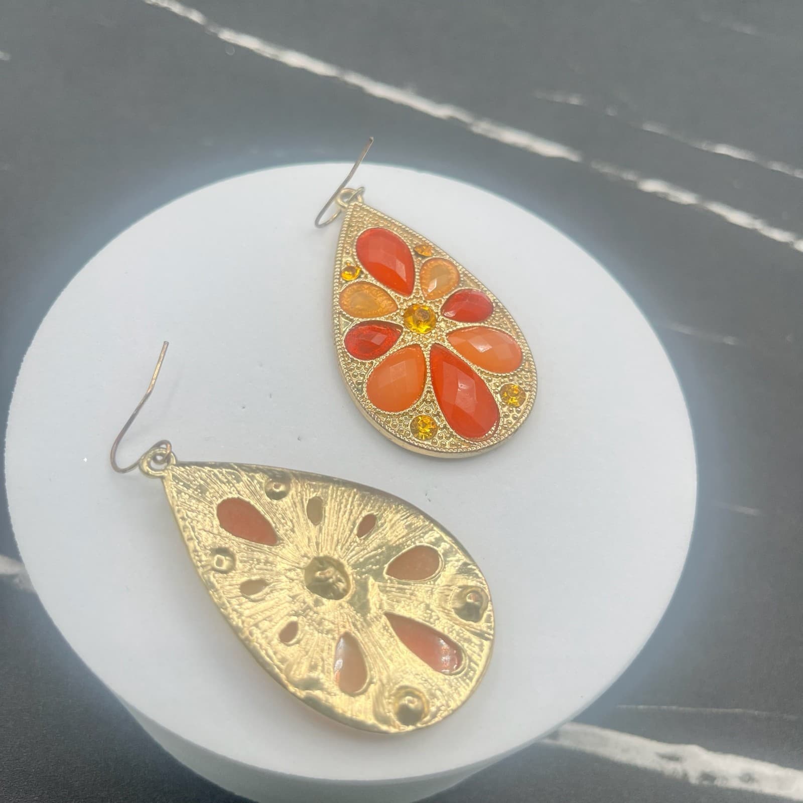 Vintage Teardrop Dangle Earrings Jewelry Hook Rhinestones Gold Tone Statement - Thumbnail 9