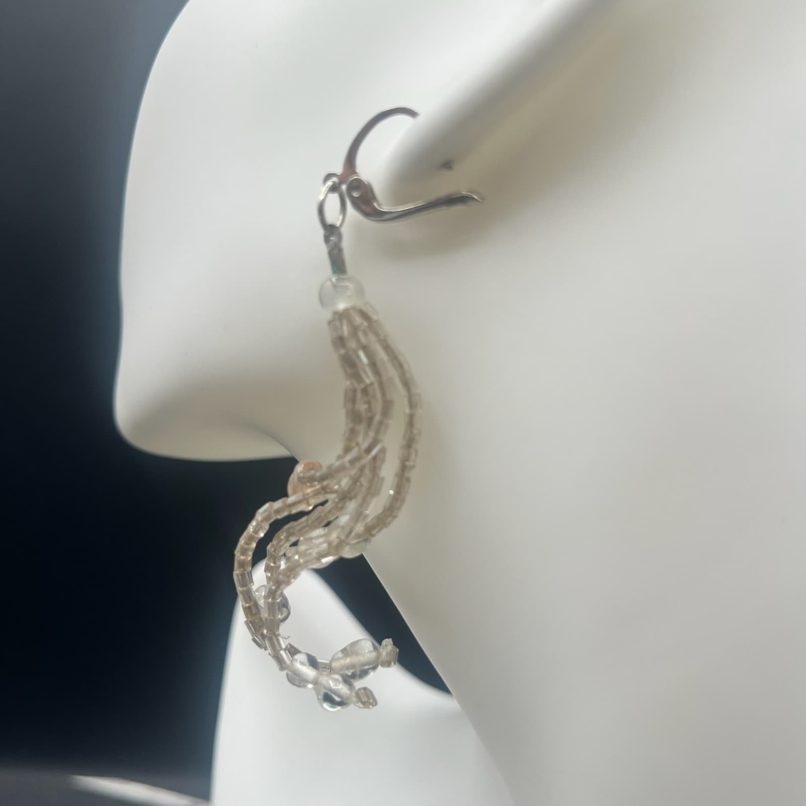 Vintage 90s Silver Tone Dangle Earrings Clear Seed Beaded Multi Strand Tassel - Thumbnail 3