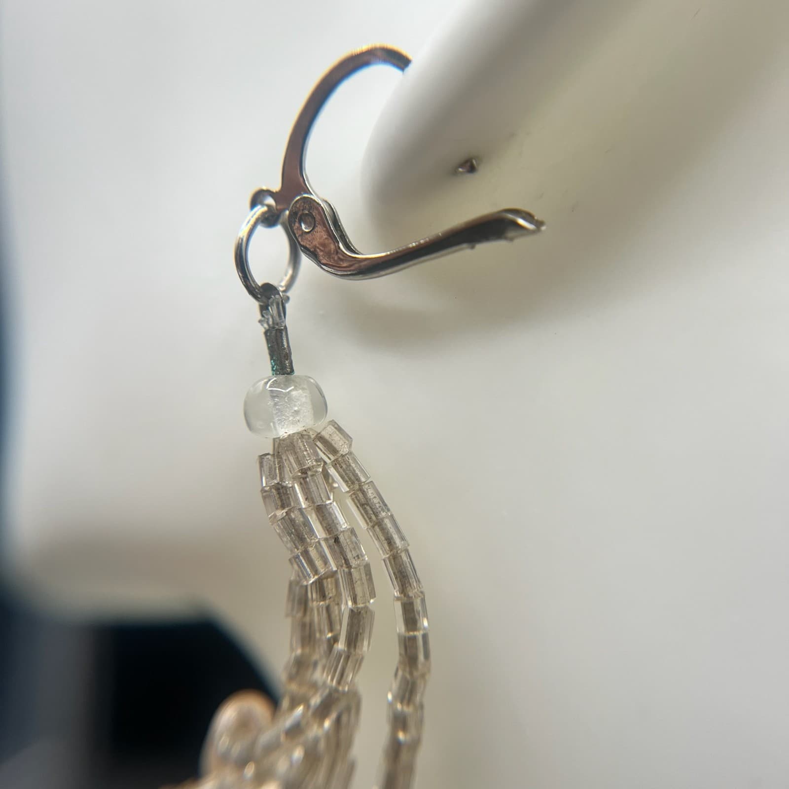 Vintage 90s Silver Tone Dangle Earrings Clear Seed Beaded Multi Strand Tassel - Thumbnail 8