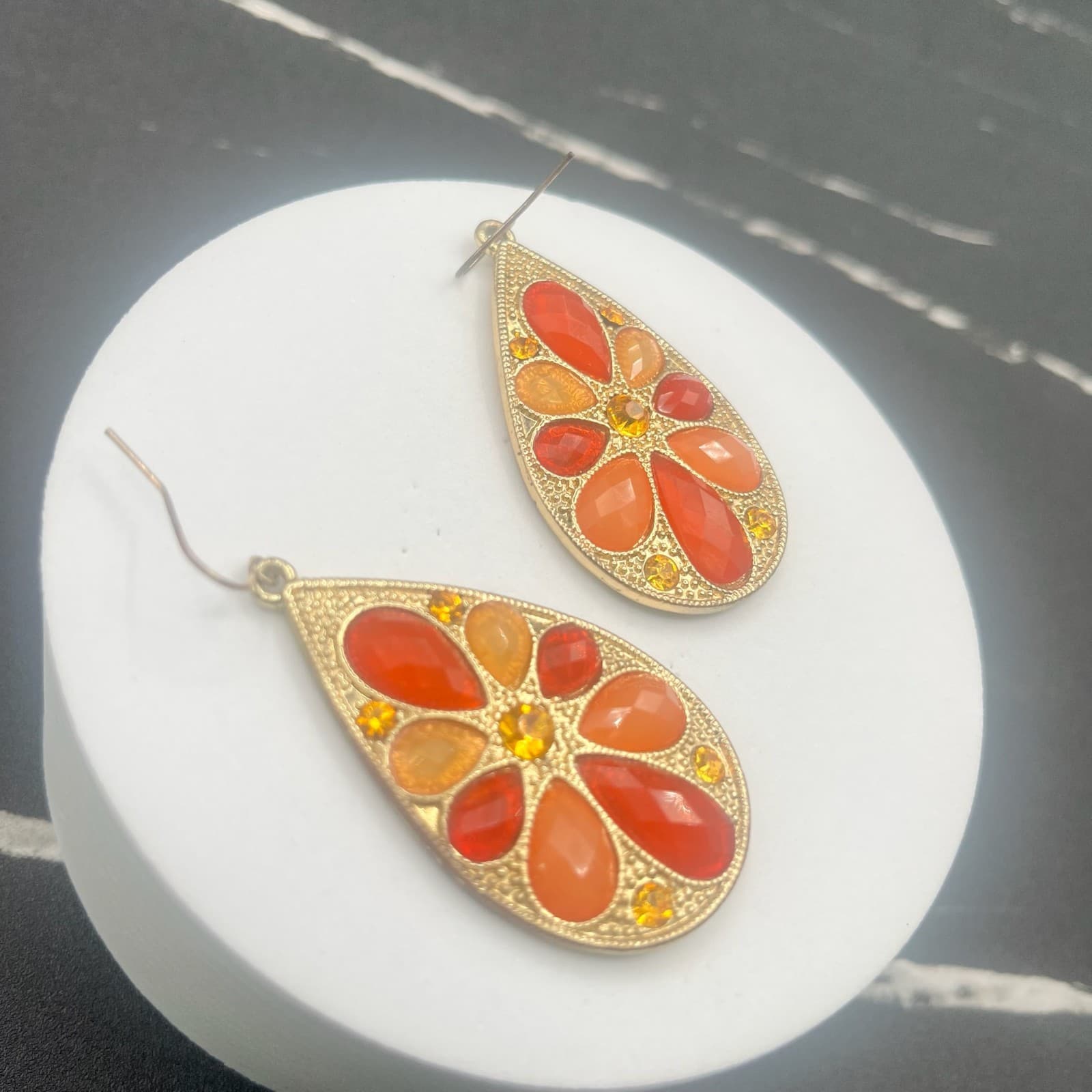 Vintage Teardrop Dangle Earrings Jewelry Hook Rhinestones Gold Tone Statement - Thumbnail 8