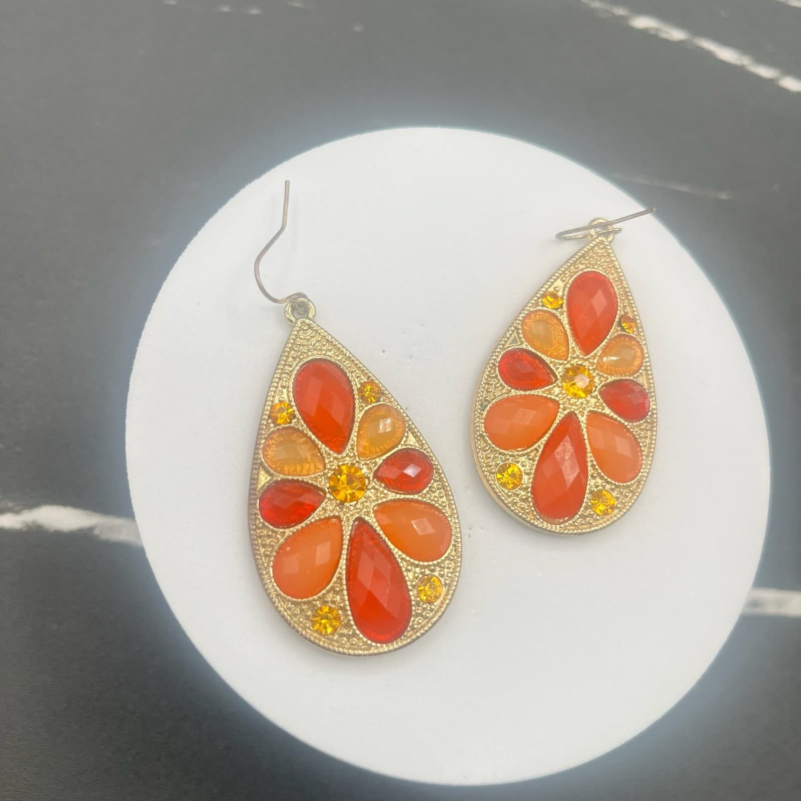 Vintage Teardrop Dangle Earrings Jewelry Hook Rhinestones Gold Tone Statement - Thumbnail 7