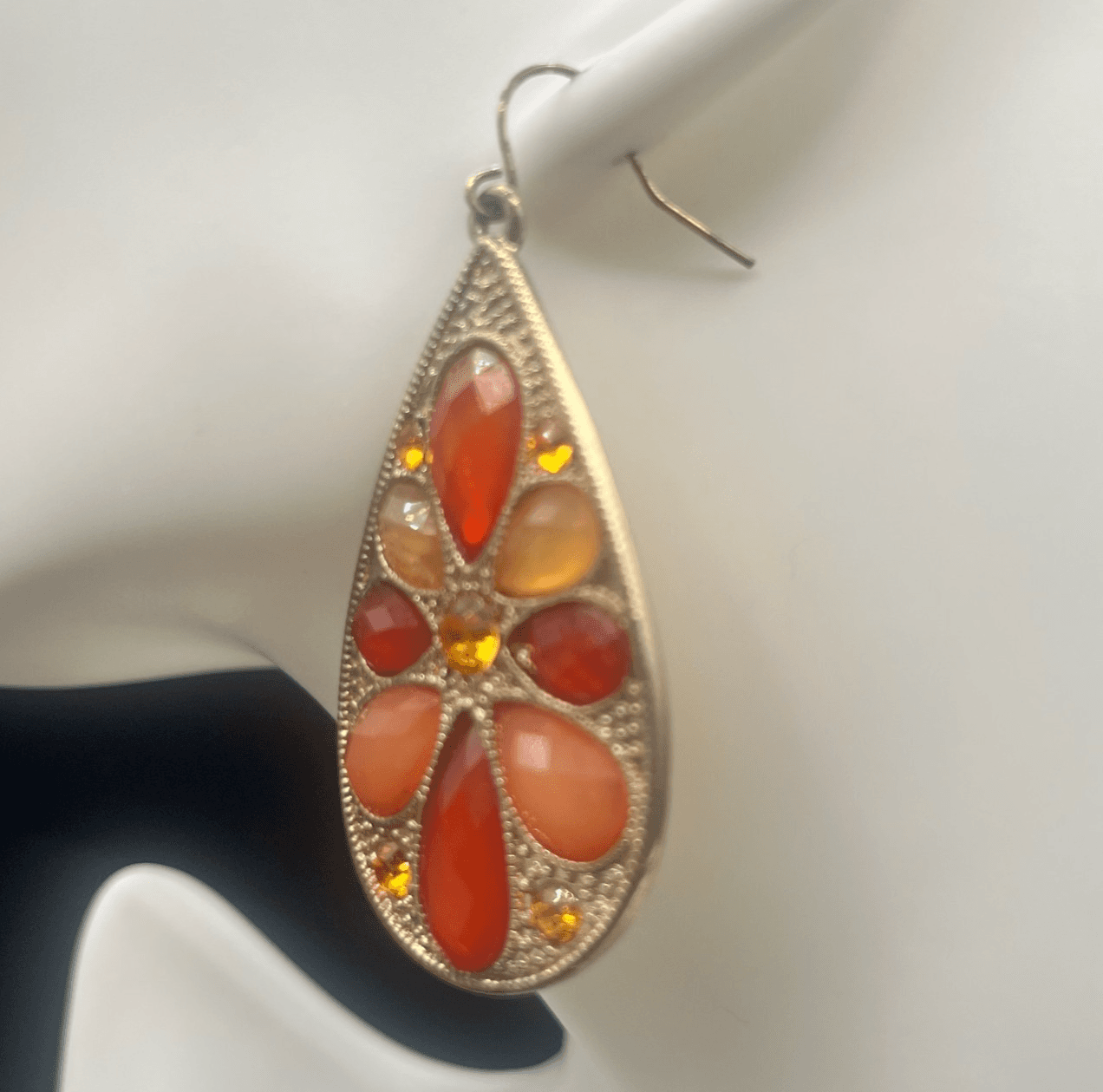 Vintage Teardrop Dangle Earrings Jewelry Hook Rhinestones Gold Tone Statement - Thumbnail 3