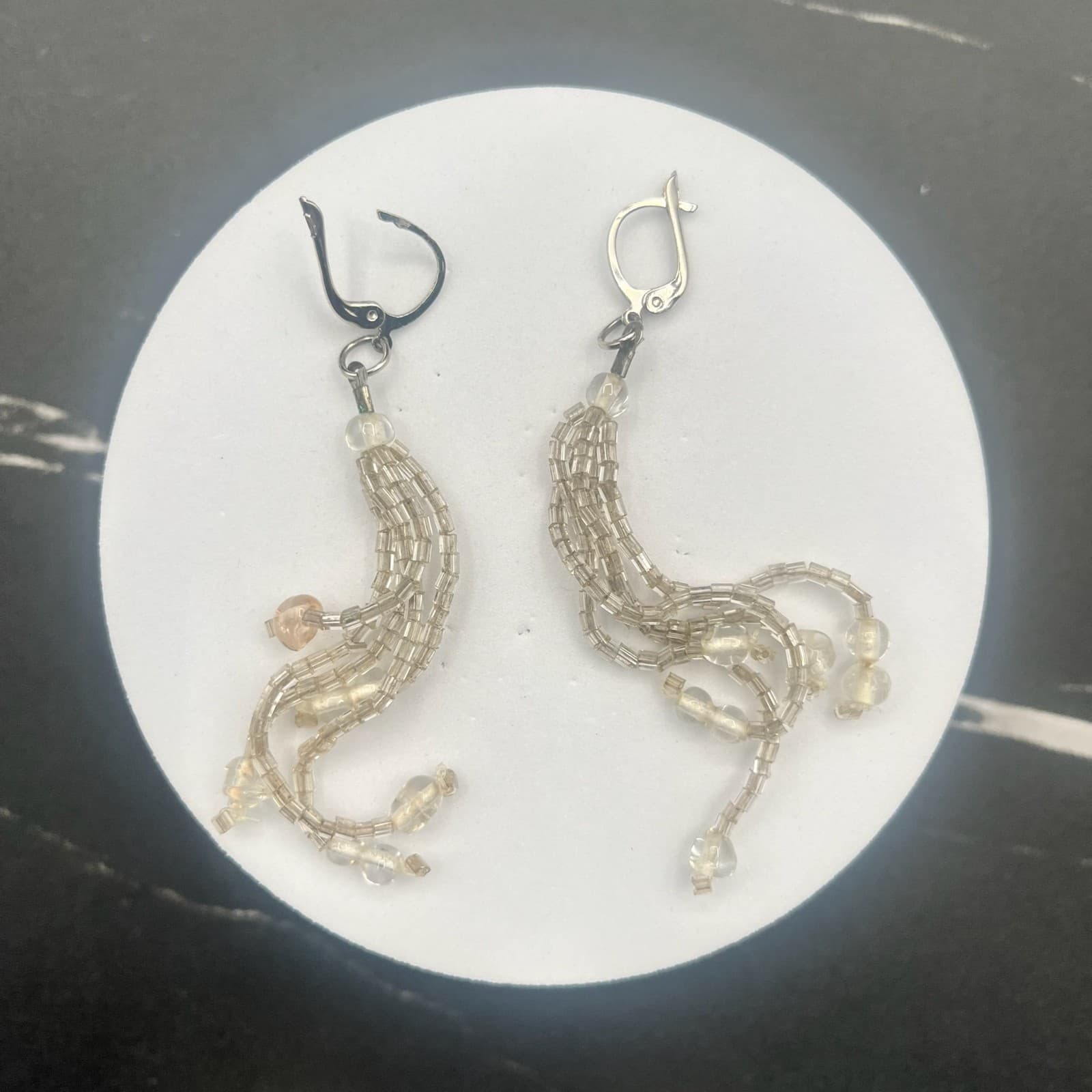 Vintage 90s Silver Tone Dangle Earrings Clear Seed Beaded Multi Strand Tassel - Thumbnail 10