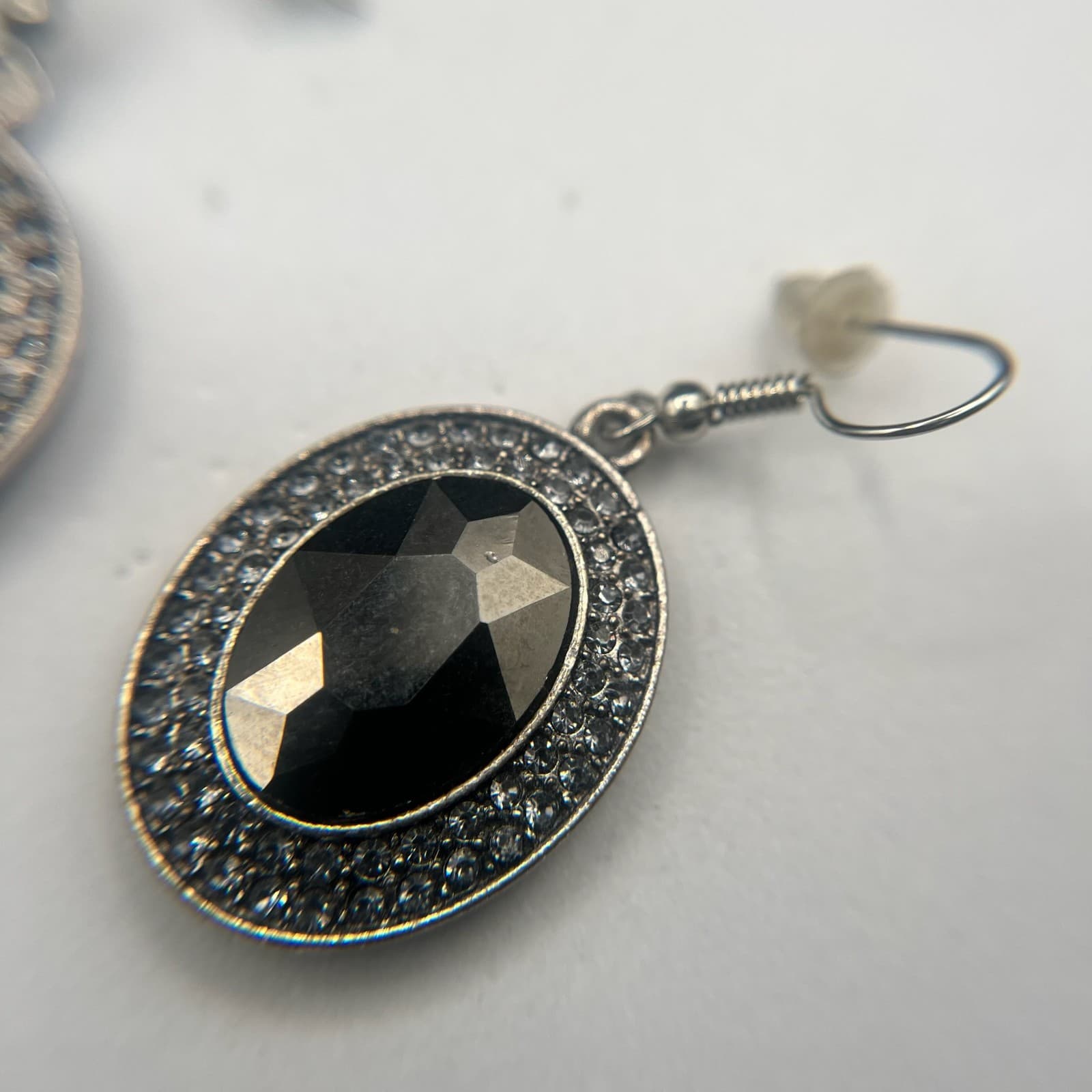 Vintage Y2K Silver Tone Black Oval Rhinestone Dangle Earrings Women's Jewelry - Thumbnail 12