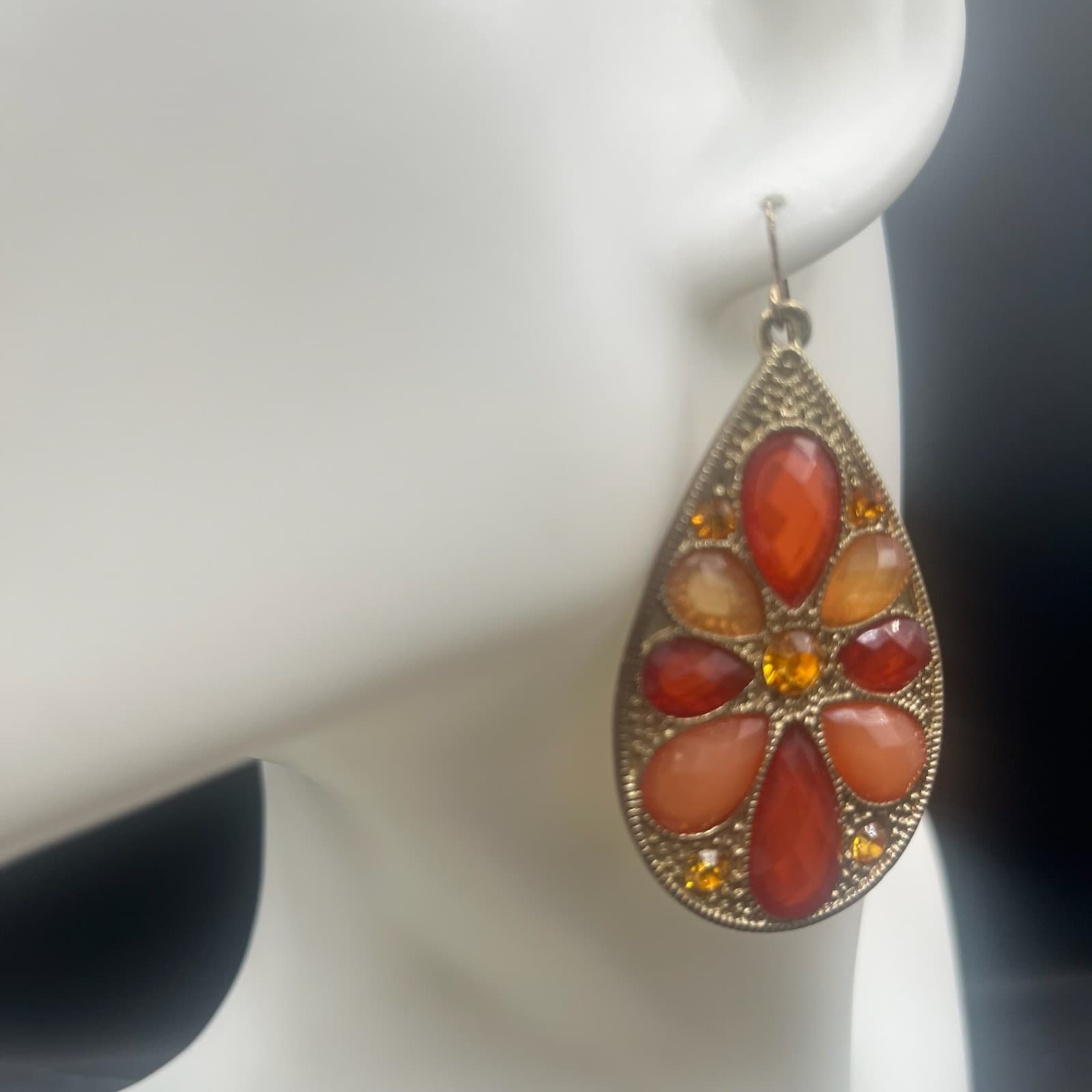 Vintage Teardrop Dangle Earrings Jewelry Hook Rhinestones Gold Tone Statement - Thumbnail 2