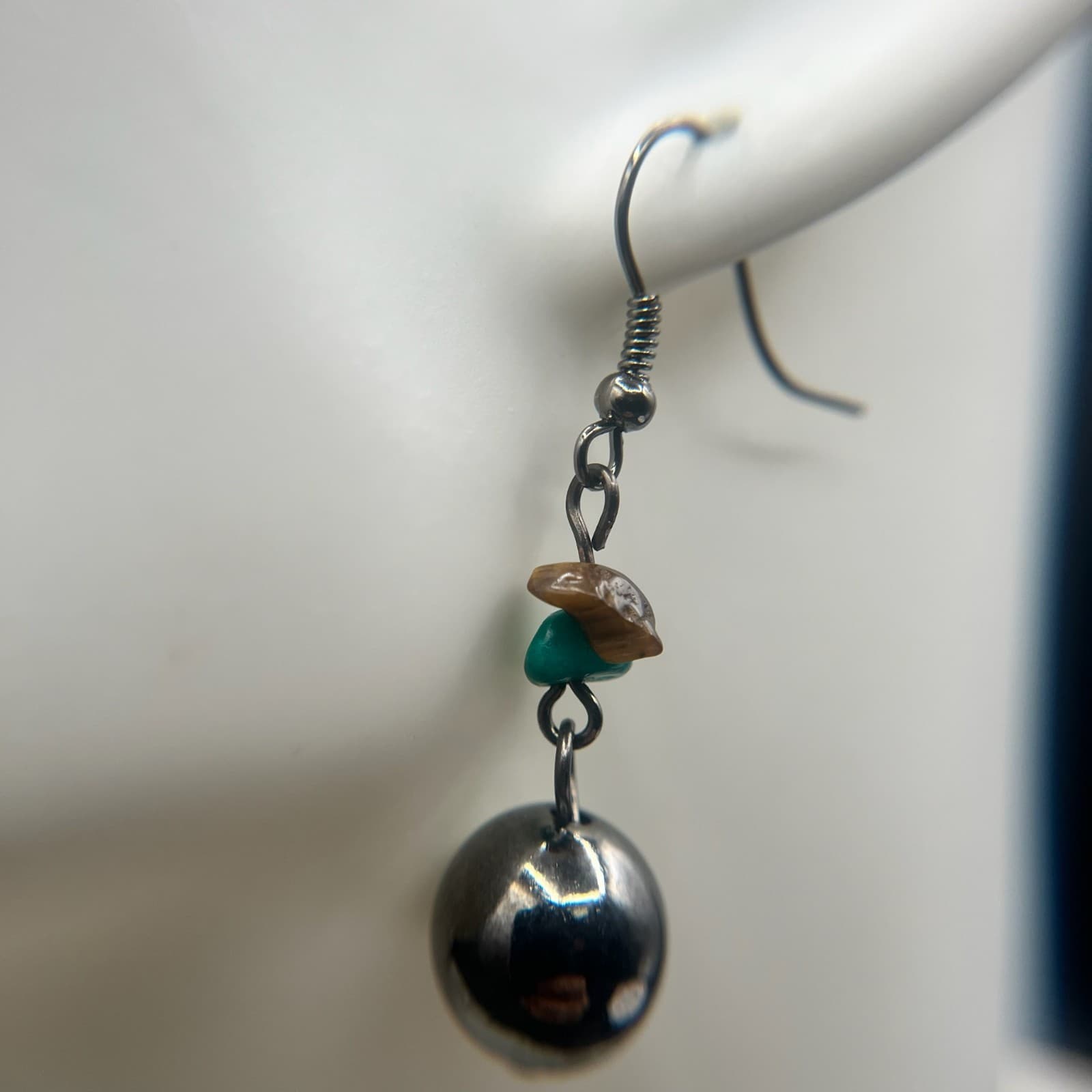 Vintage Tiger’s Eye & Dyed Quartz Dangle Earrings Silver Ball Boho Artisan - Thumbnail 5