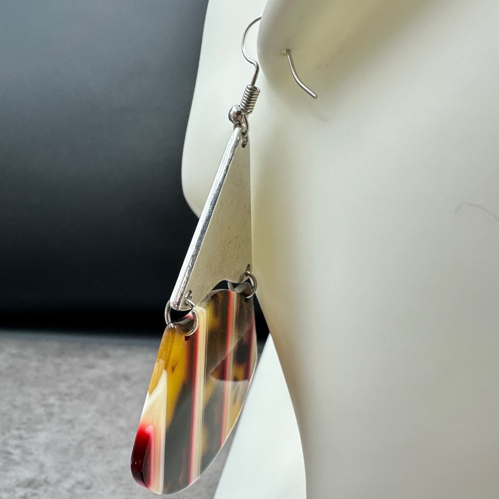 Vintage 80s Tortoiseshell Dangle Earrings Silver Tone Geometric Retro Statement - Thumbnail 5