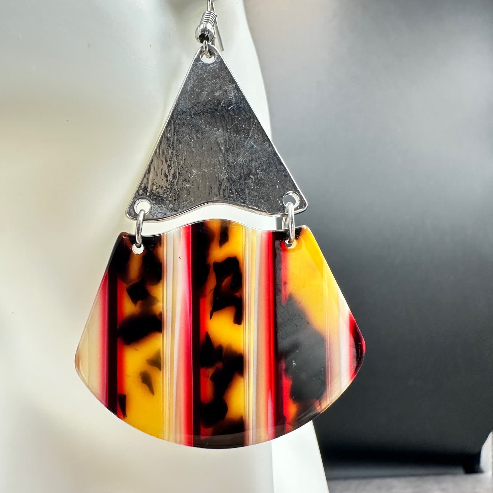 Vintage 80s Tortoiseshell Dangle Earrings Silver Tone Geometric Retro Statement - Thumbnail 3