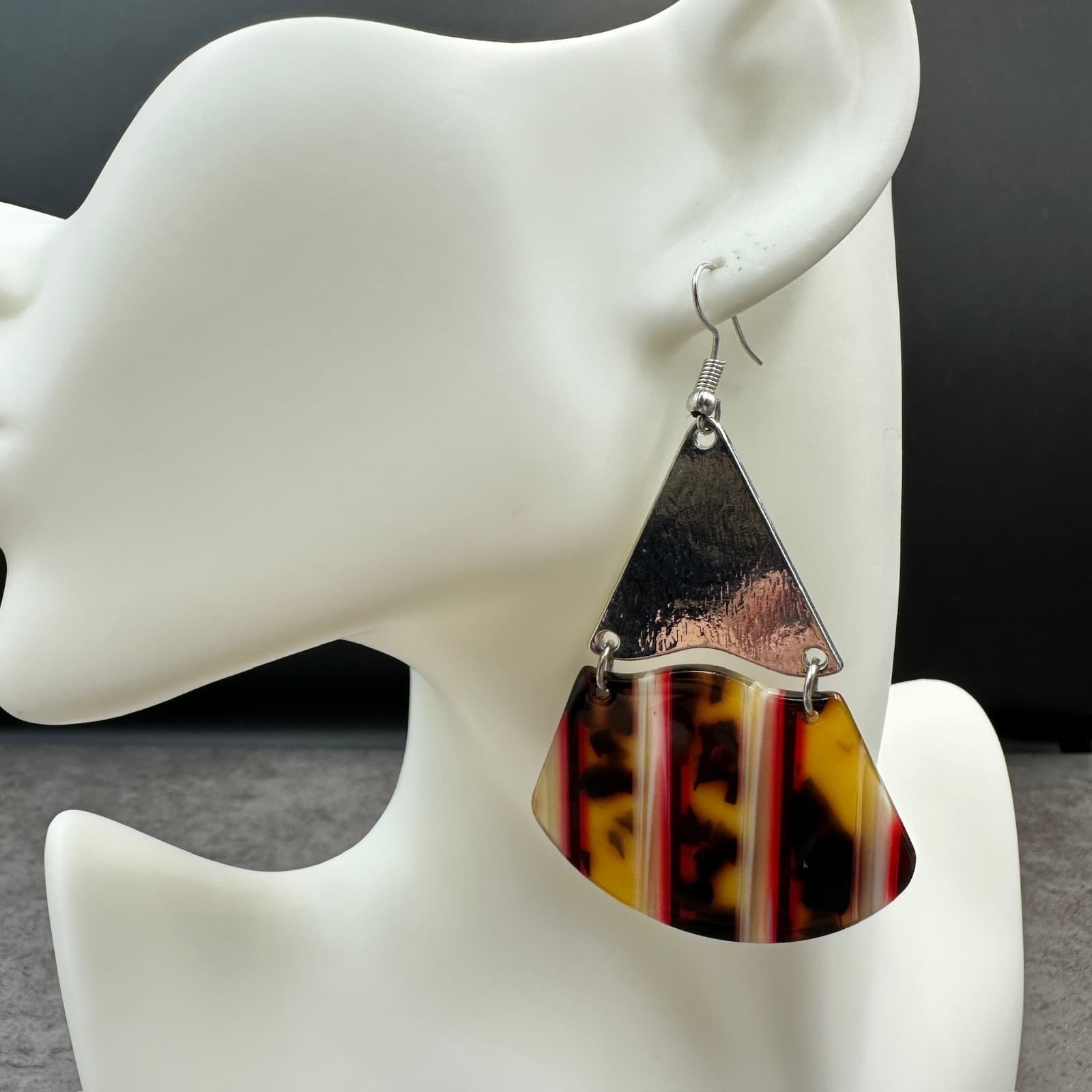 Vintage 80s Tortoiseshell Dangle Earrings Silver Tone Geometric Retro Statement - Thumbnail 2